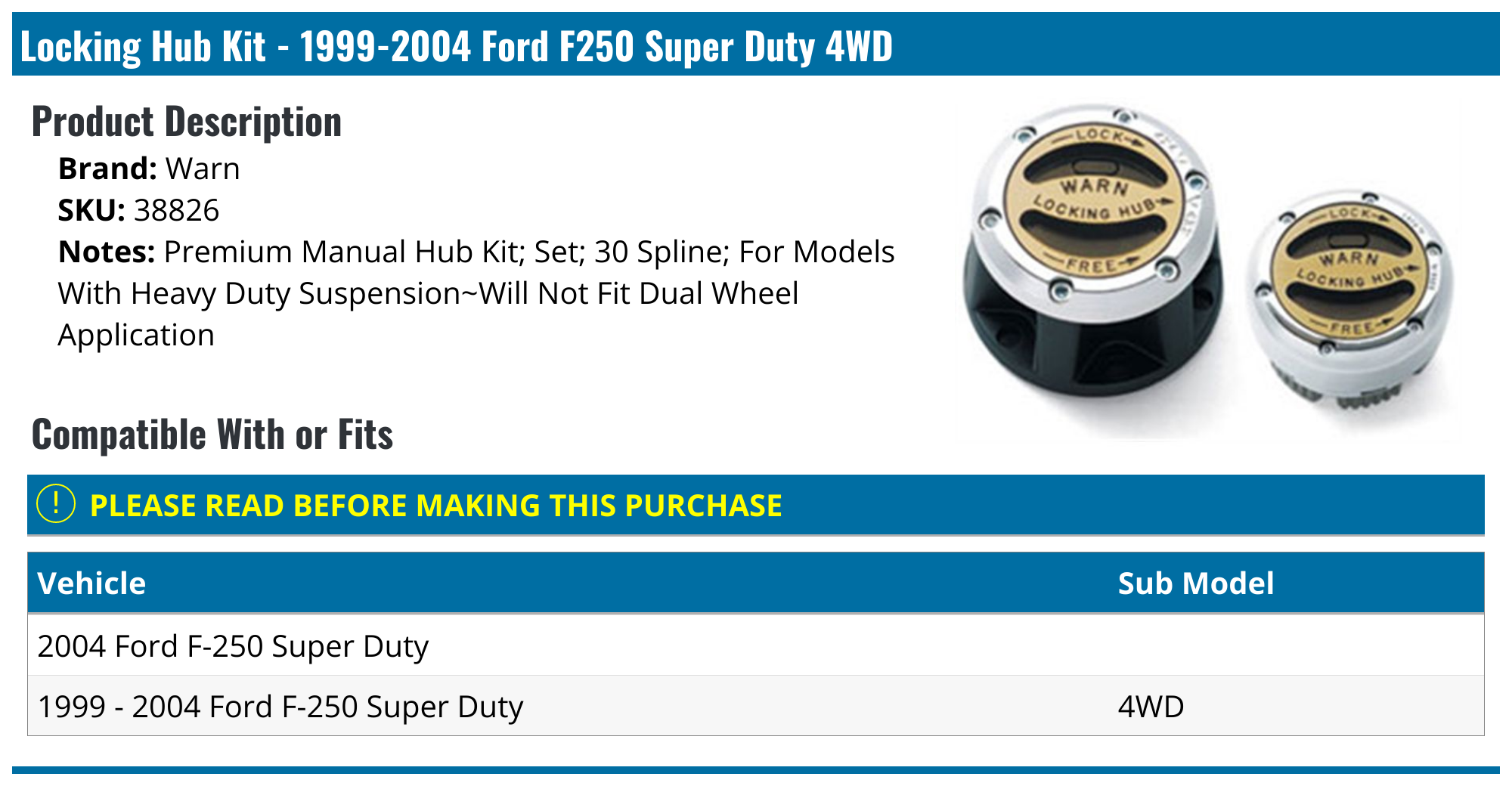 19992004 Ford F250 Super Duty Locking Hub Warn 38826