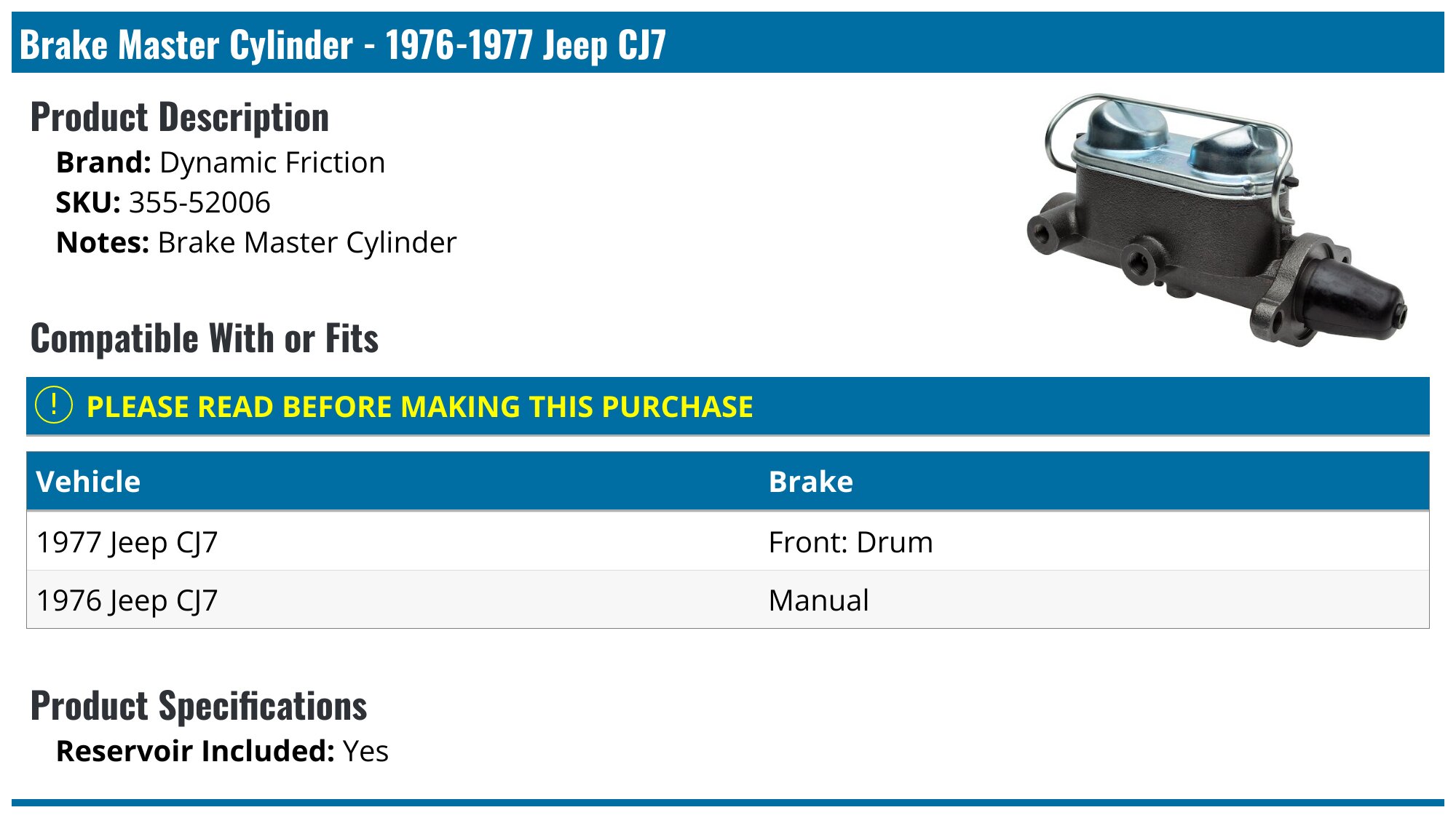 19761977 Jeep CJ7 Brake Master Cylinder Dynamic Friction 35552006
