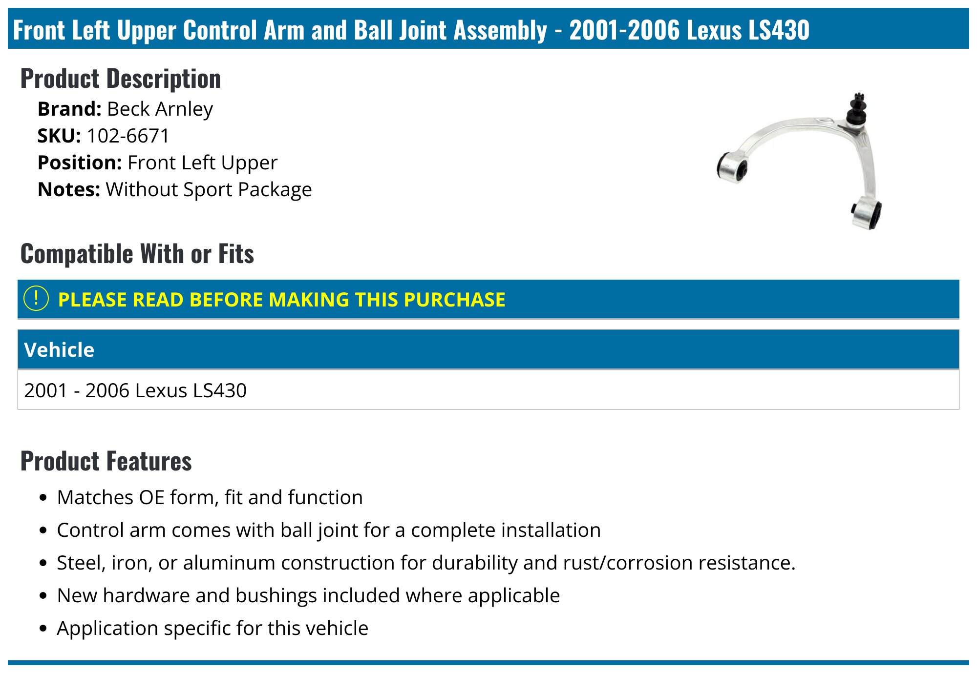 FL Front Upper Control Arm With Ball Joint – Fits 2001-2006 Lexus LS430 Sport (Both Sides)