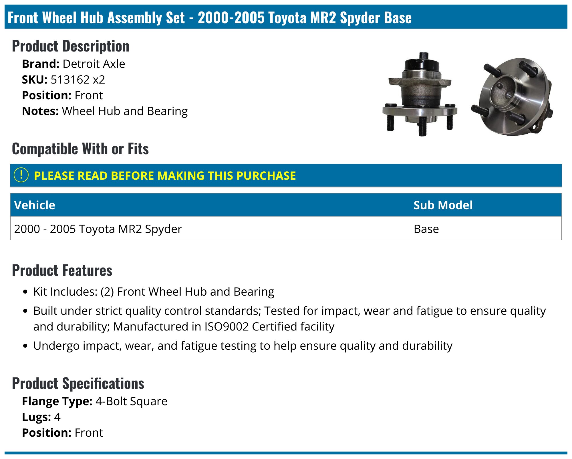 Koyo Front Wheel Bearing & Hub Assembly For 2000-2005 MR2 Spyder – OEM 43550-17010