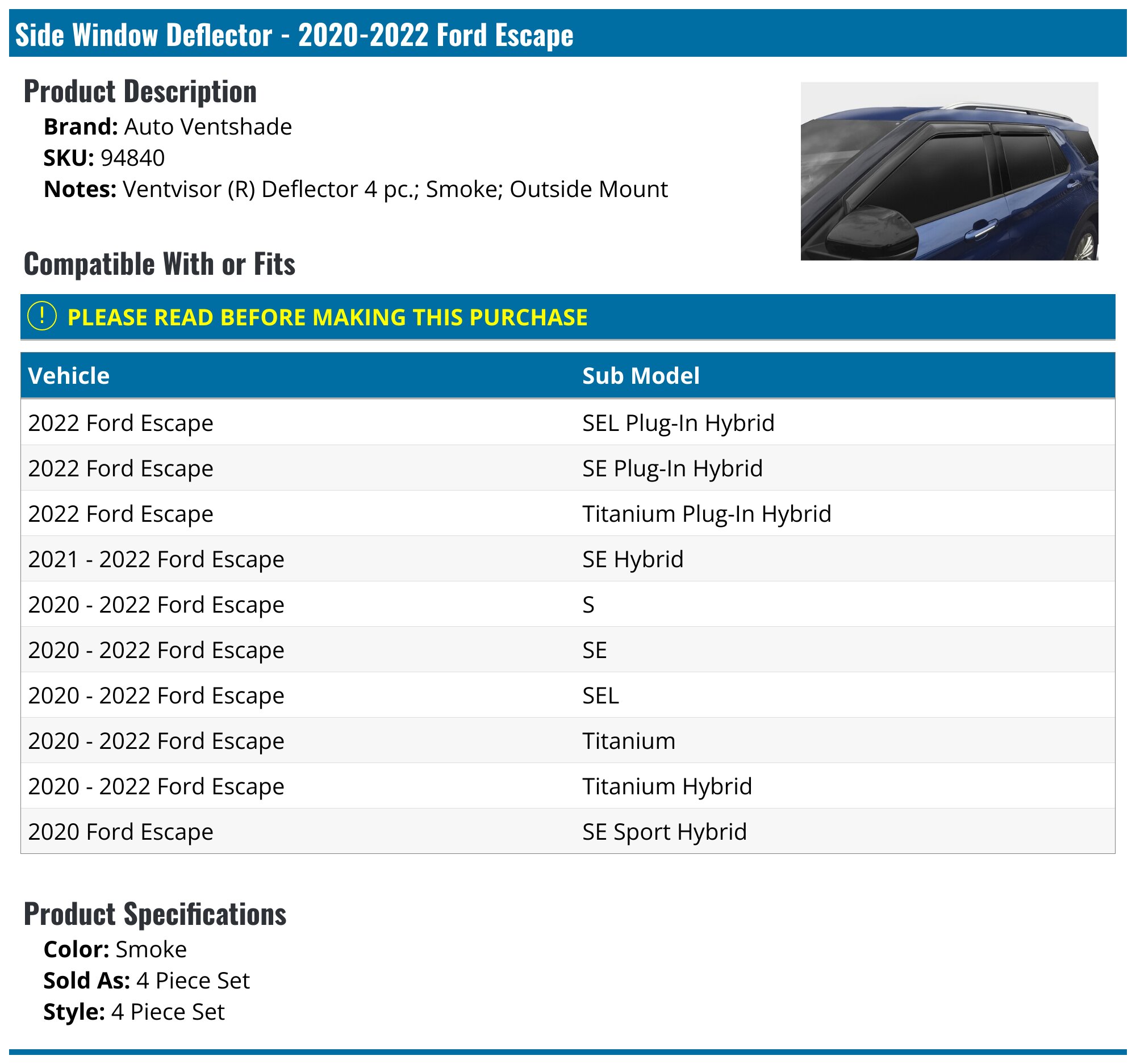 Rain Guards Window Visor Ford Escape 01 02 03 04 05 06 07 2001-2007 XLS