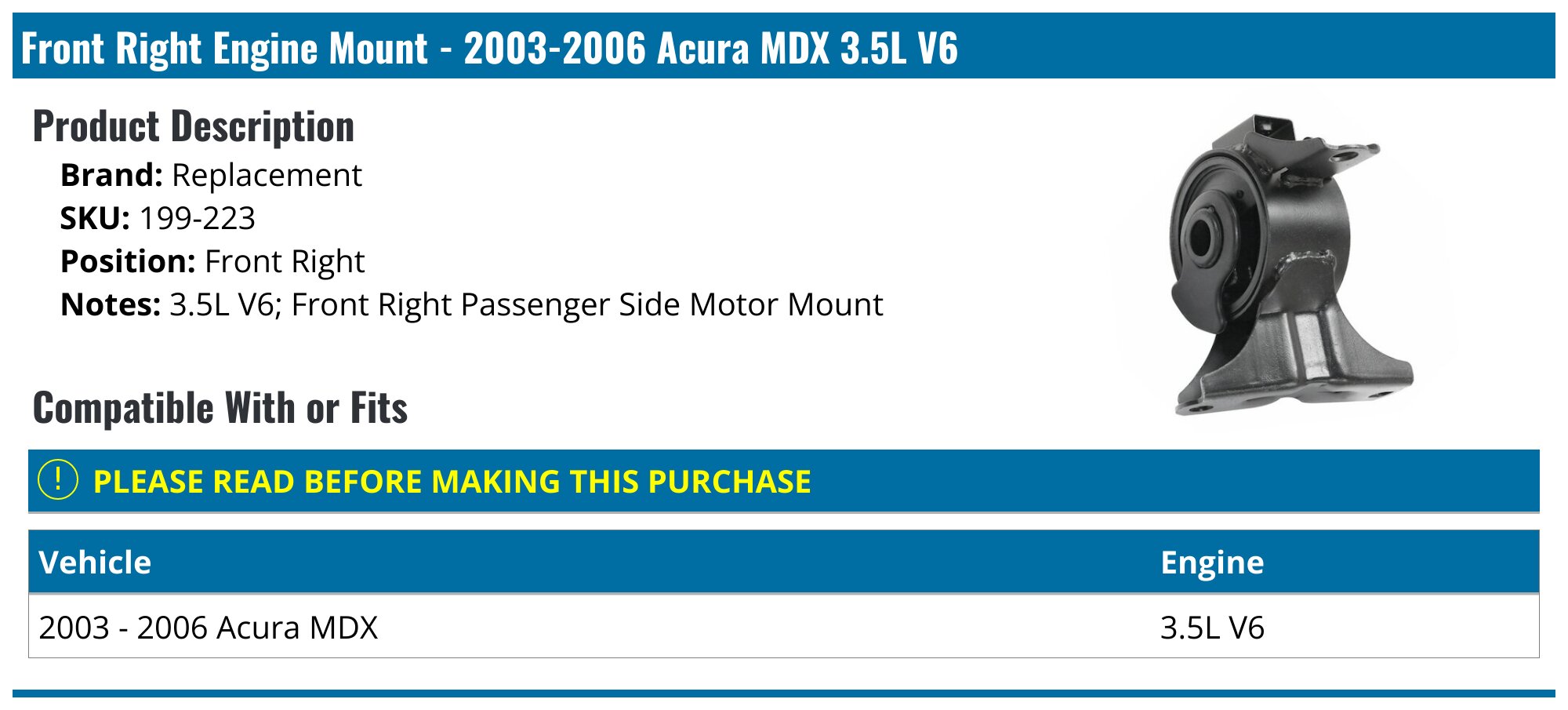 Front Right Engine Motor Mount For Acura MDX 2003-2006 3.5L – Mid Valley Replacement