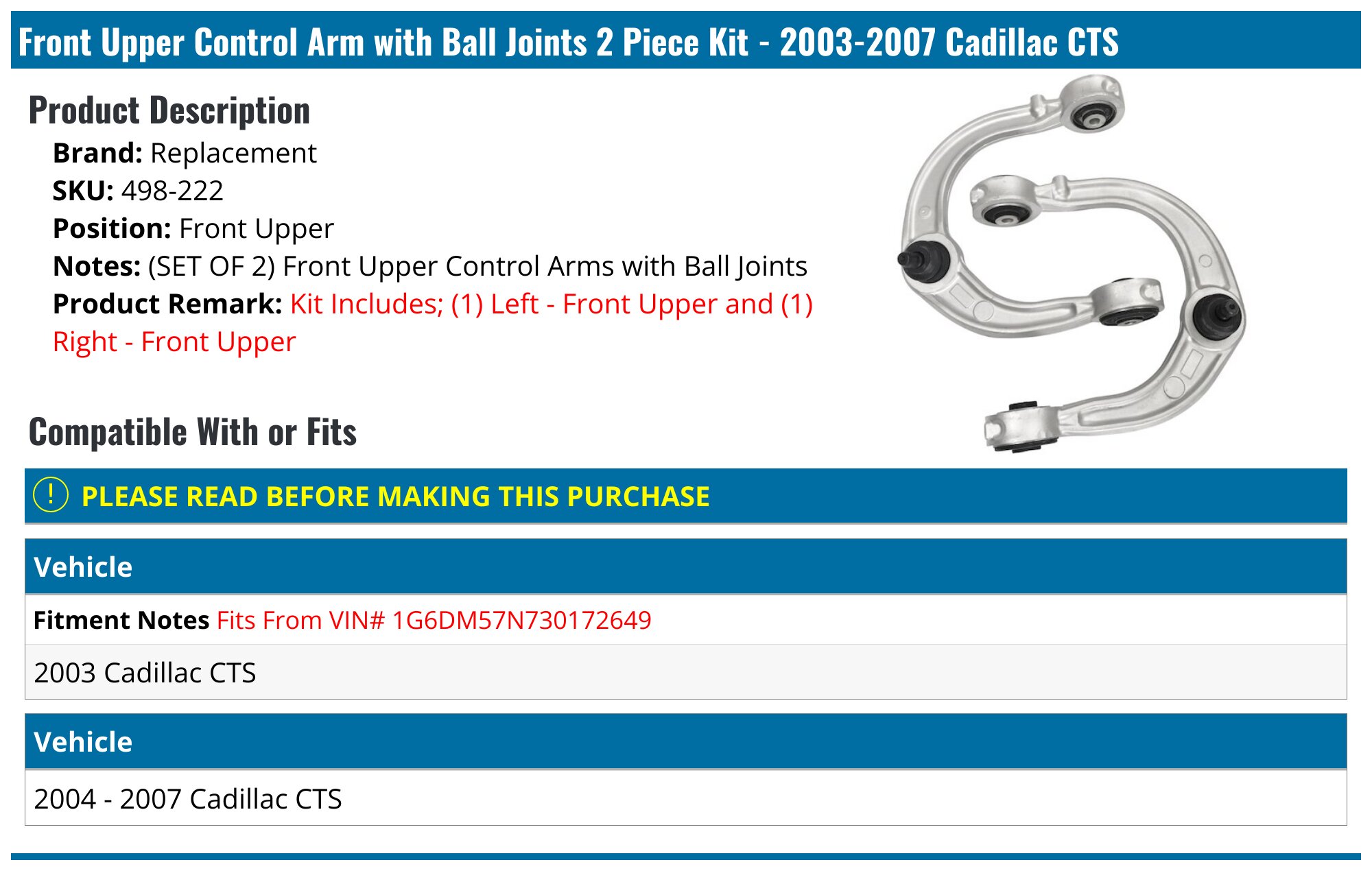 Evan-Fischer Front Control Arm Kit For Cadillac CTS 2003-2007 – 6-Piece Set