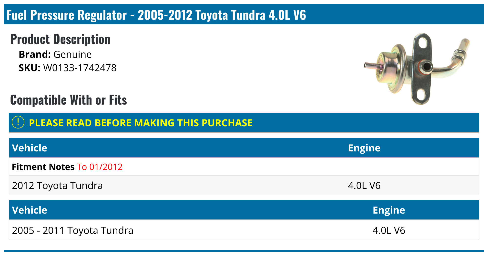 20052012 Toyota Tundra Fuel Pressure Regulator Genuine W01331742478