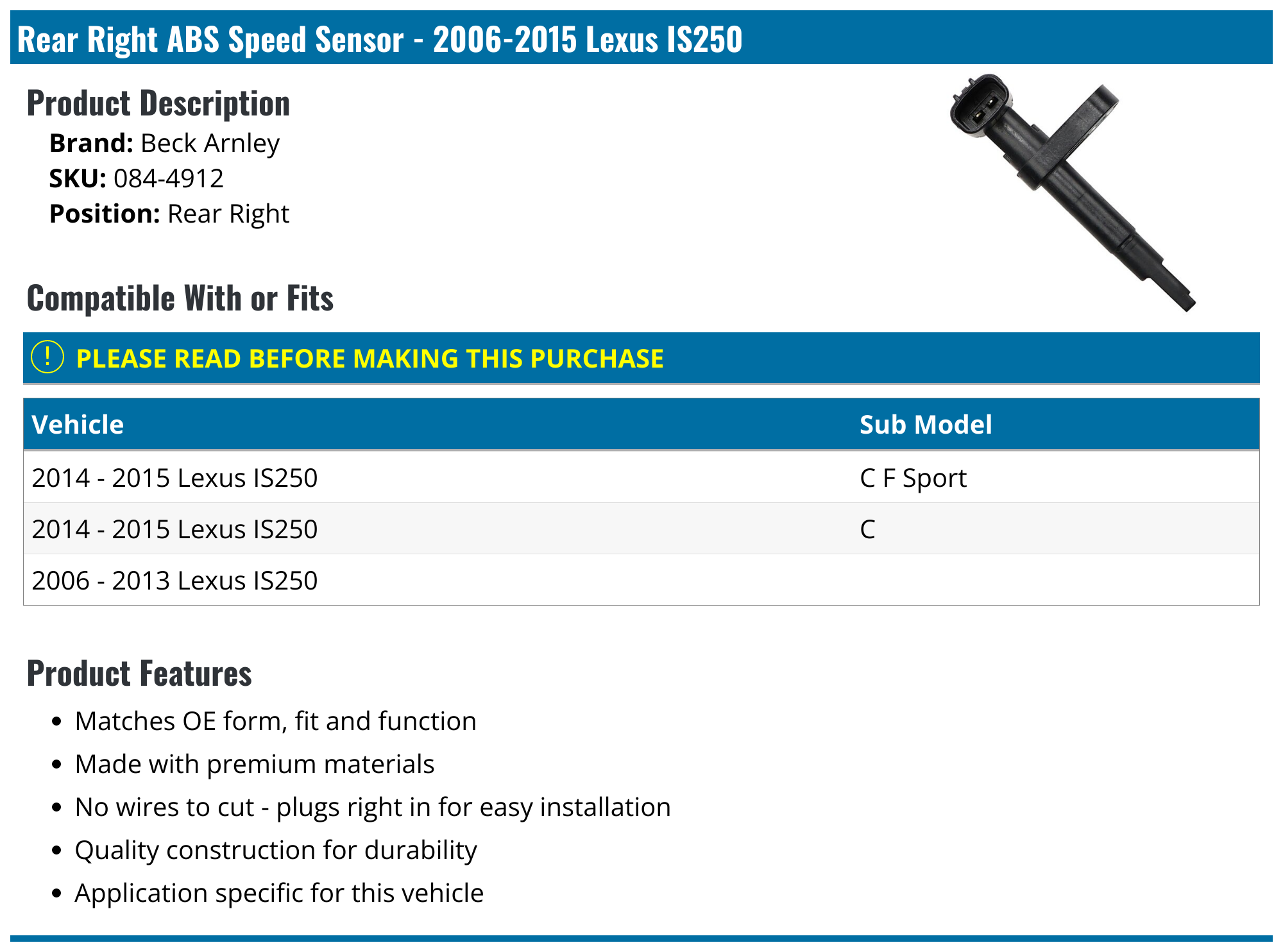 2006-2015 Lexus IS250 ABS Speed Sensor - Beck Arnley 084-4912 - Rear ...