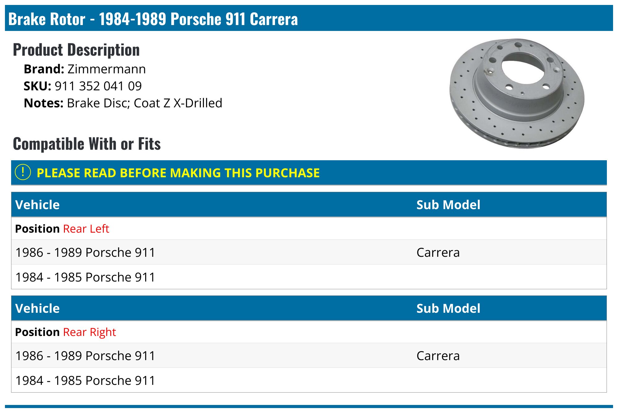 1984-1989 Porsche 911 Brake Rotor - Zimmermann 911 352 041 09
