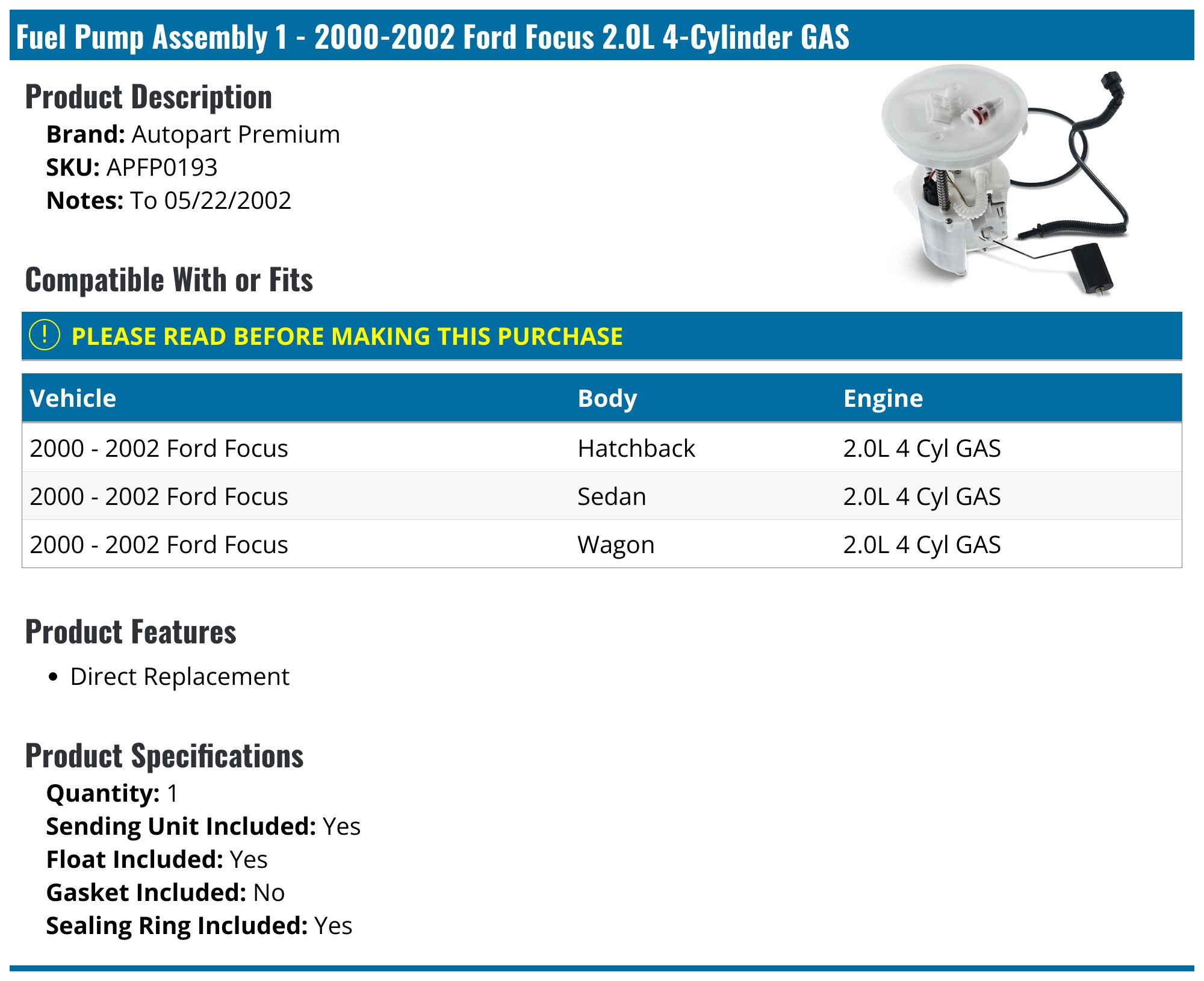 Fuel Pump - Compatible with 2000 - 2002 Ford Focus 2001