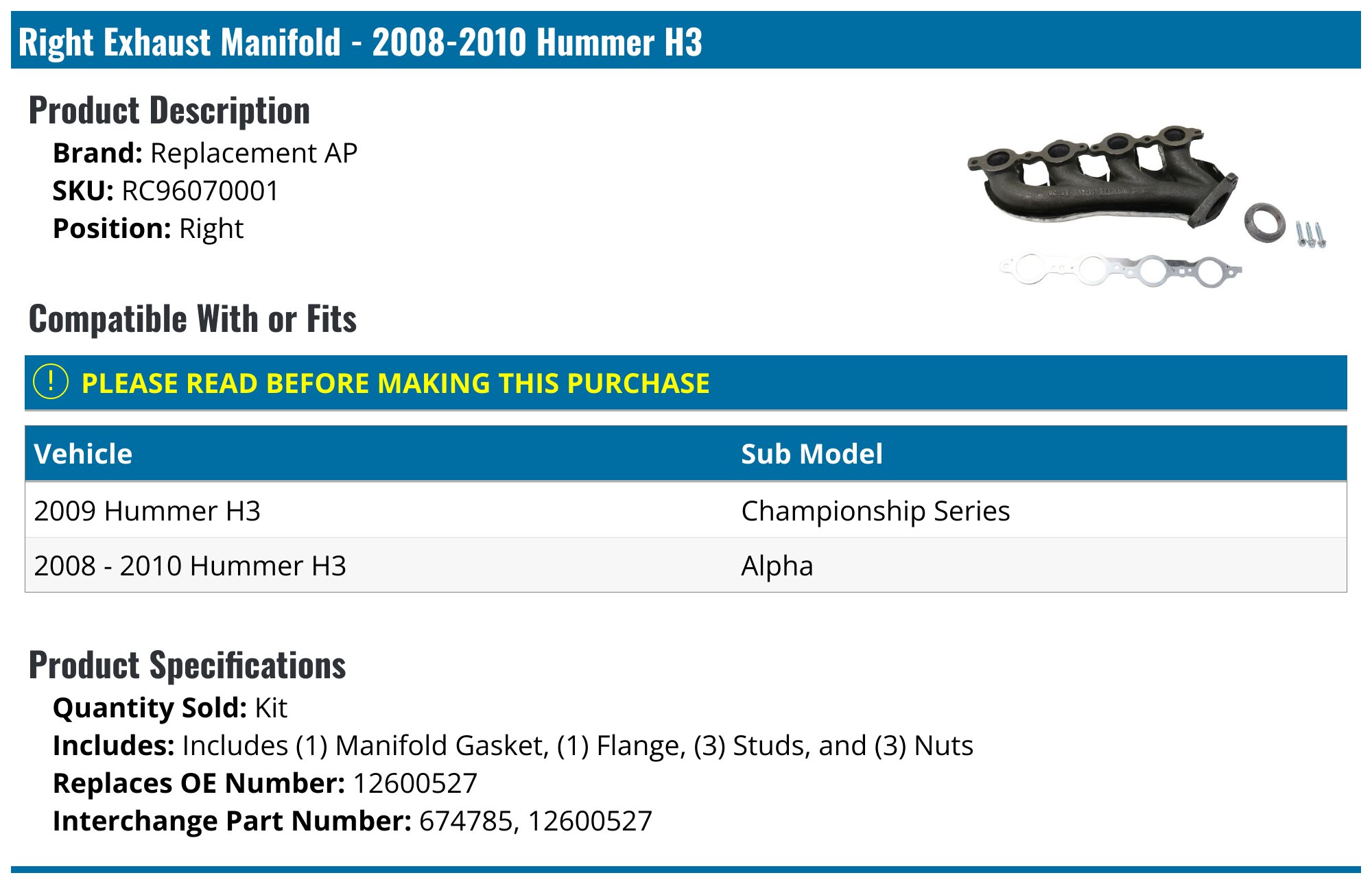 20082010 Hummer H3 Exhaust Manifold Replacement AP RC96070001 Right