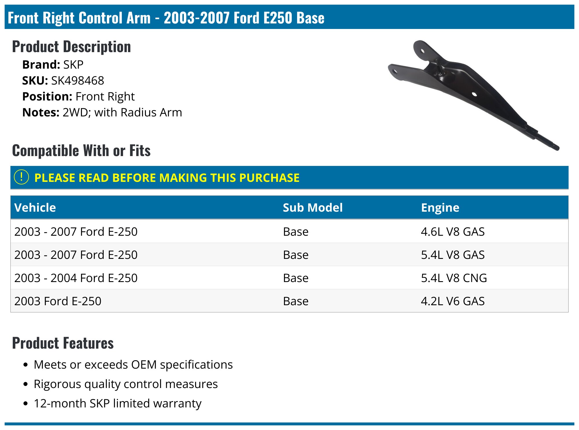 20032007 Ford E250 Control Arm SKP SK498468 Front Right