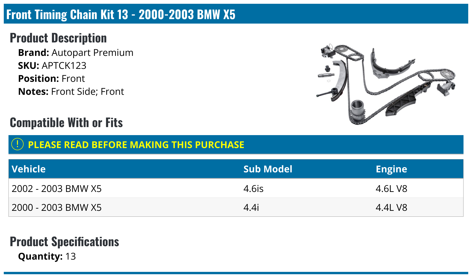 20002003 BMW X5 Timing Chain Autopart Premium APTCK123 Front