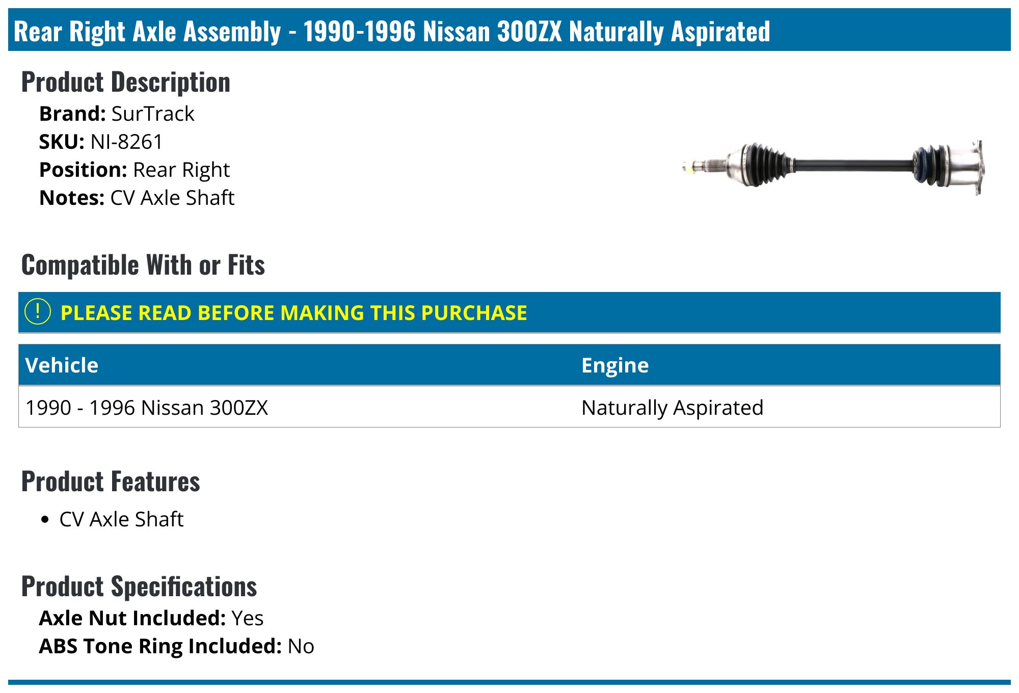 1990-1996 Nissan 300ZX Axle Assembly - SurTrack NI-8261 - Rear