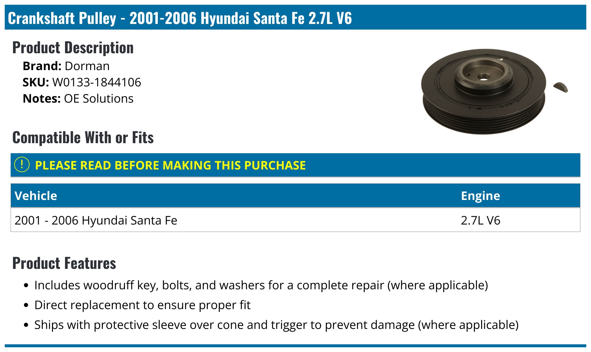 20012006 Hyundai Santa Fe Crankshaft Pulley Dorman W01331844106