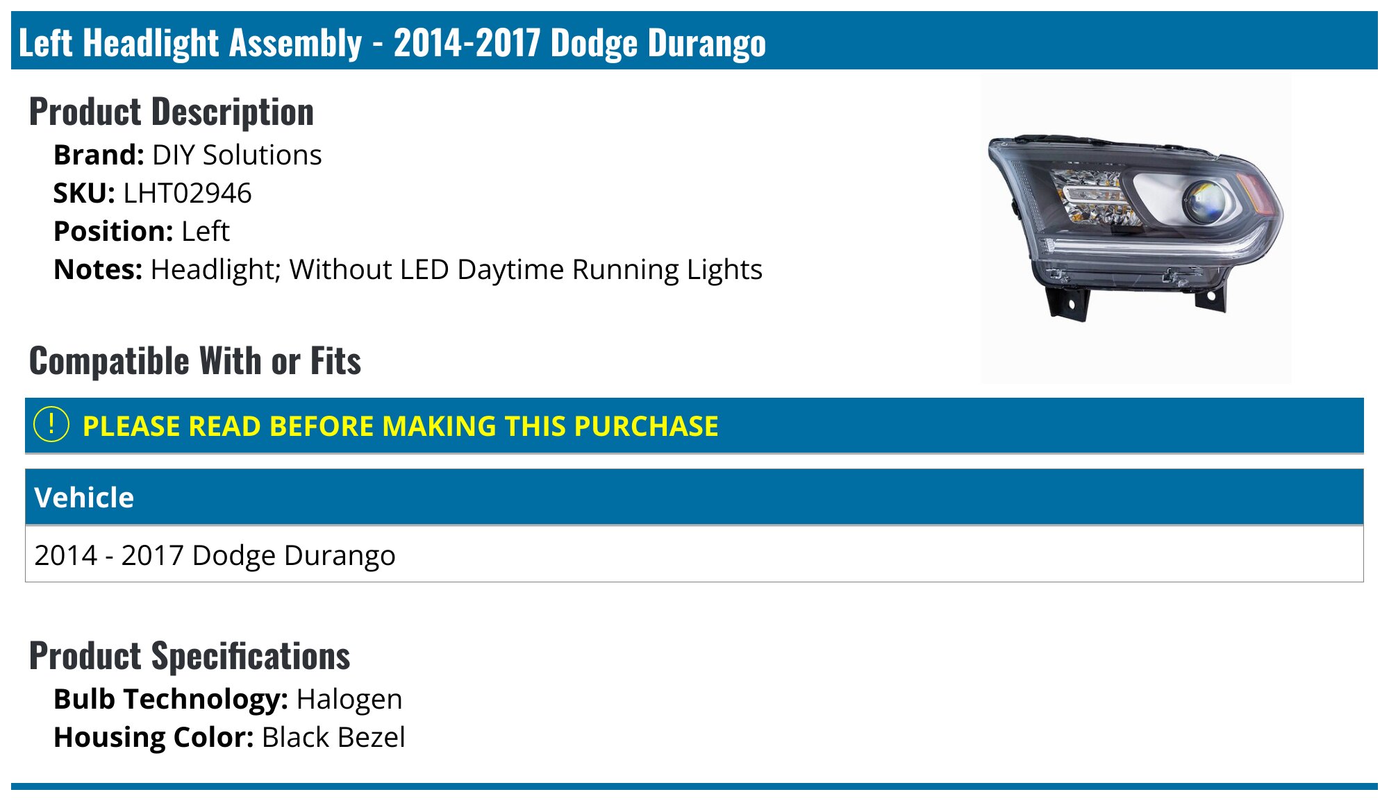 20142017 Dodge Durango Headlight Assembly DIY Solutions LHT02946