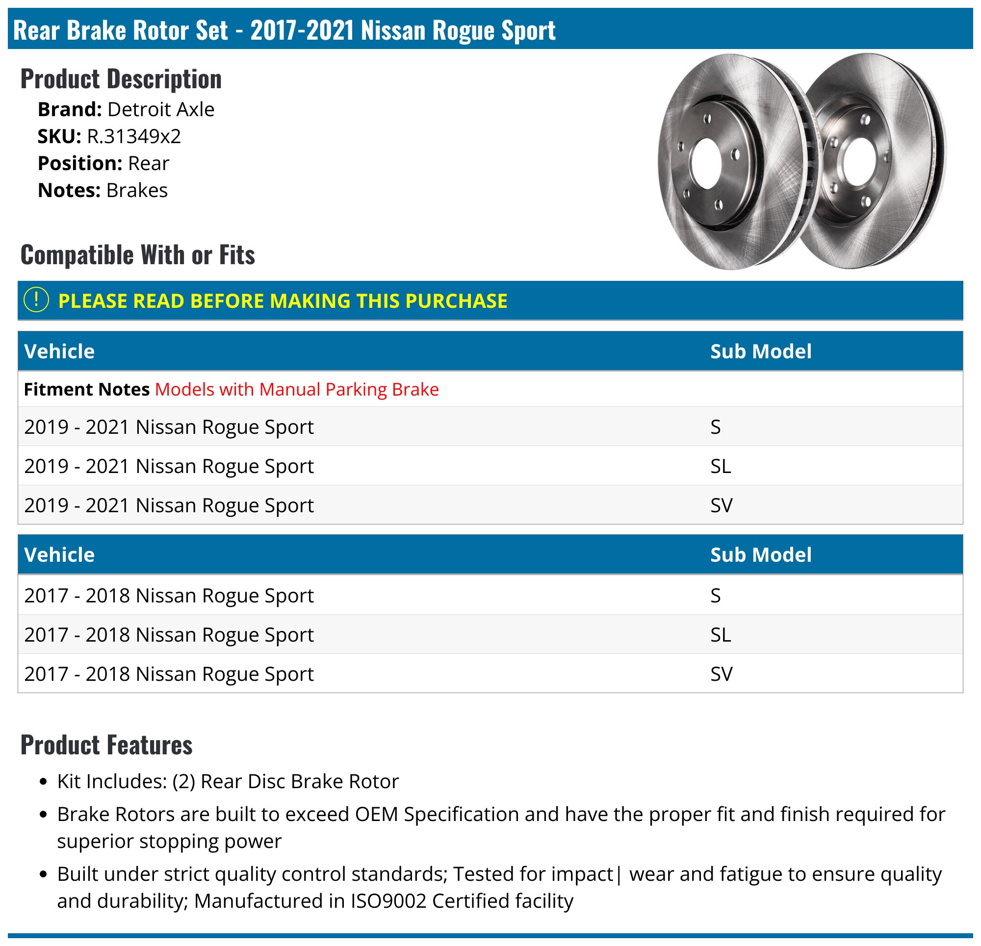 Z32 Rofu Rear Left Rotor 2017-2022 Nissan Rogue Sport Brake Rotor - Detroit Axle R.31349x2 ...