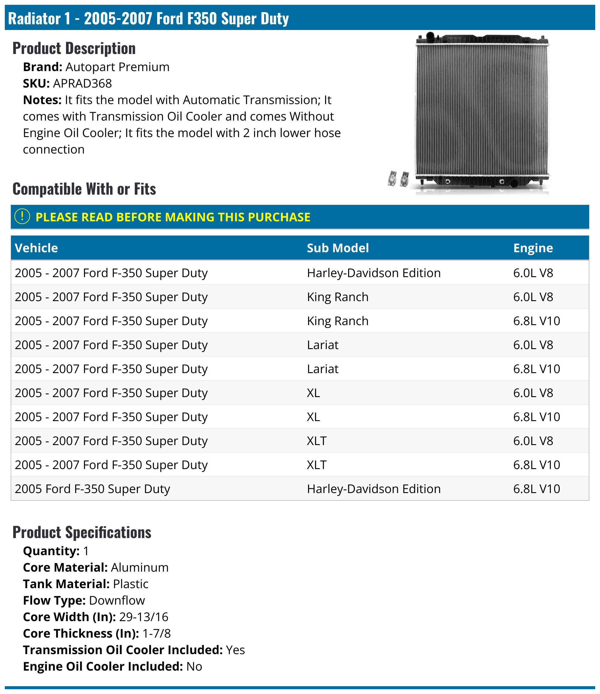 Radiators & Parts For Ford F-350 Super Duty 2887 Aluminum Radiator For 2005-2007 Ford F250 F350 F450 Super Duty 6.0L 6.8L – 2 Outlet Radiators & Parts For Ford E-450 Super Duty
