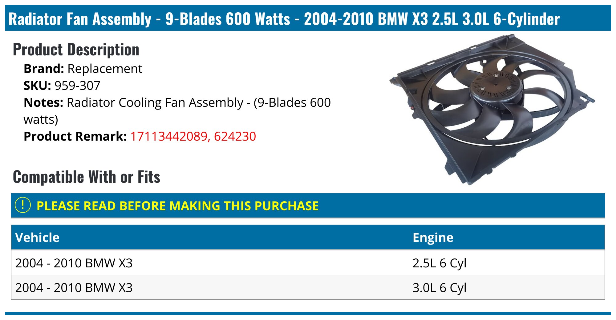 Evan-Fischer Radiator Support Assembly For 2004-2010 BMW X3 – Direct Replacement, 51643419945