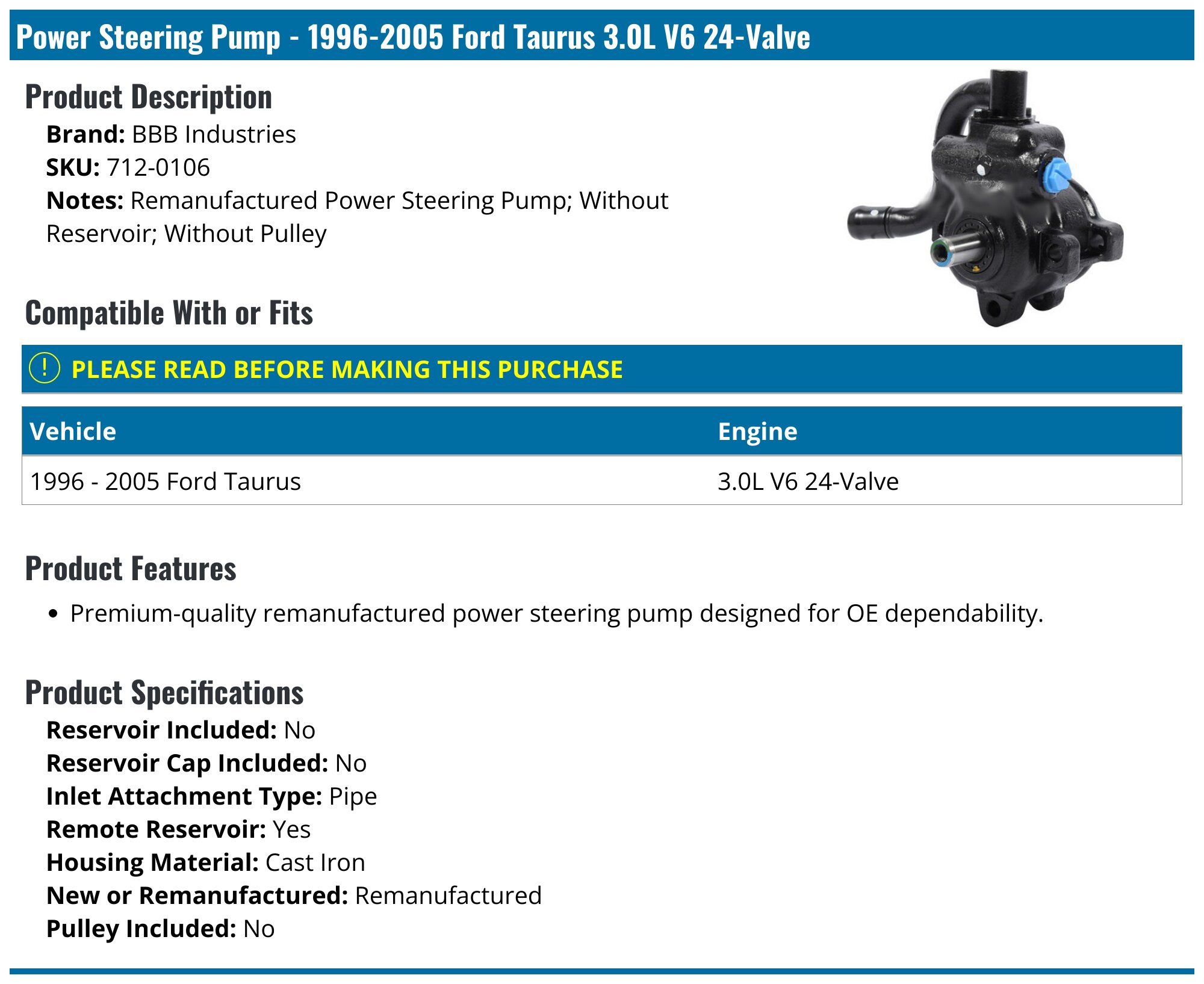 A-Premium Power Steering Pump Without Pulley Replacement For Ford Sable Taurus Mercury Sable 1996 2005