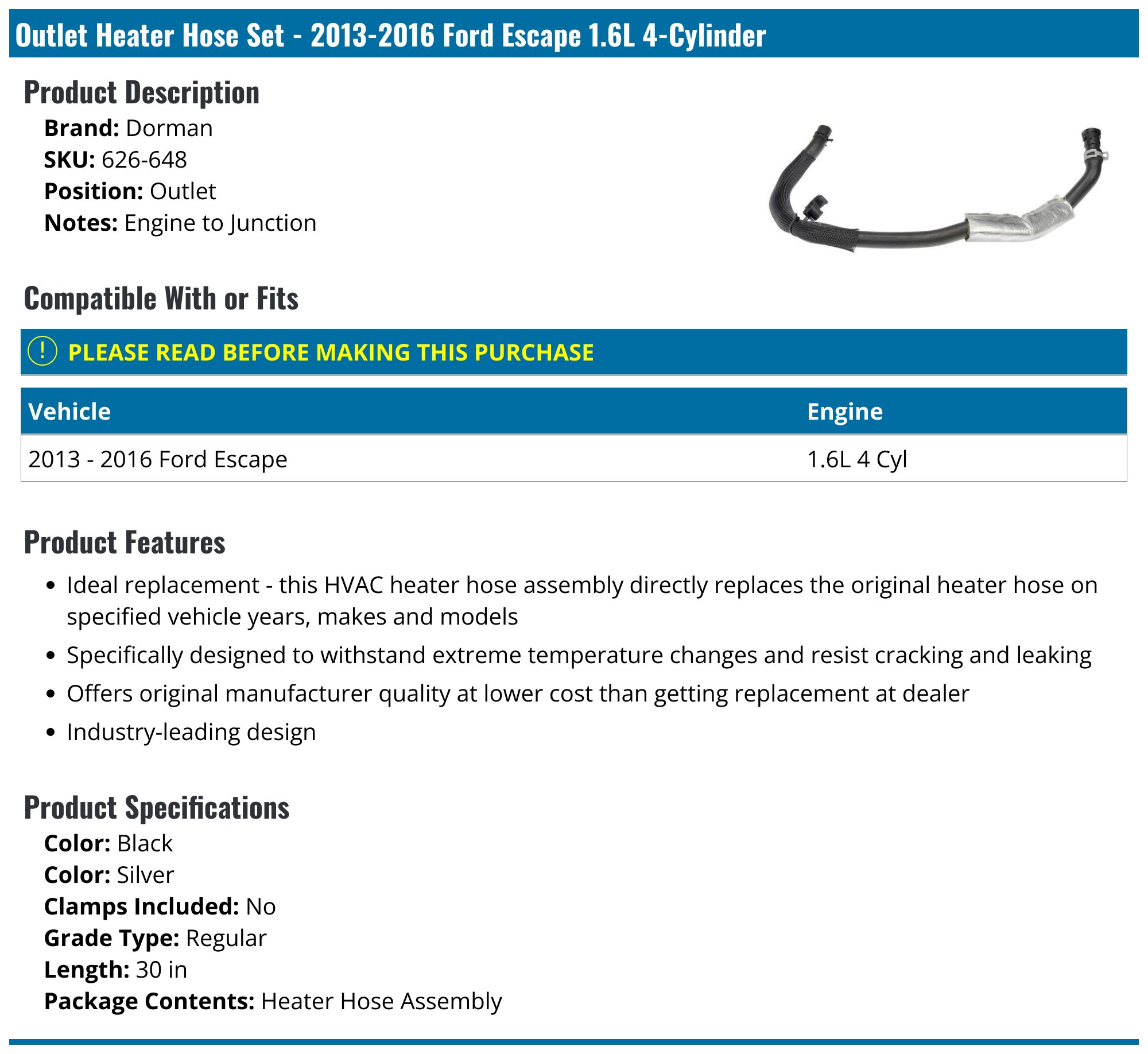 2013-2016 Ford Escape Coolant Pipe - Dorman 626-648 - Outlet