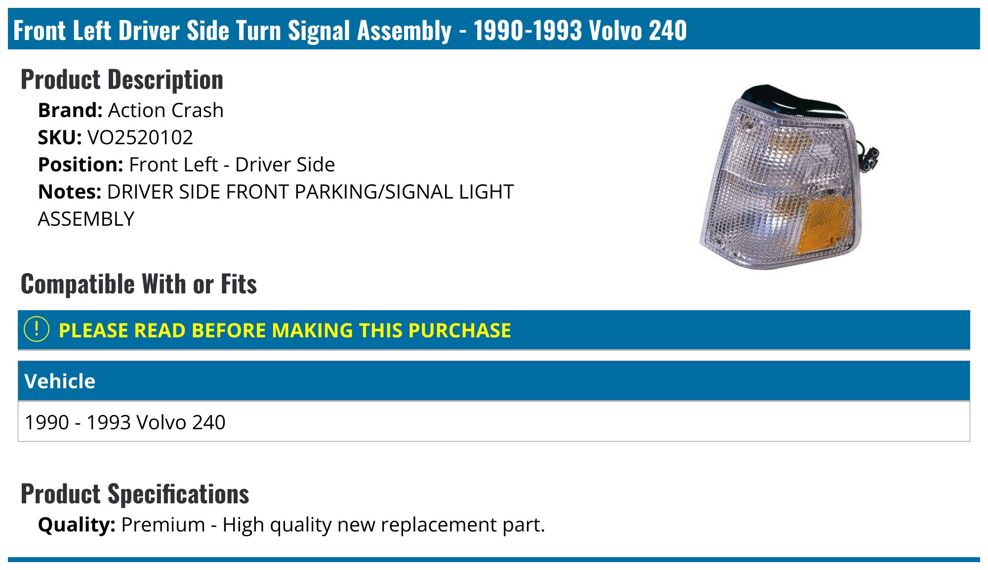 右下) New! \"taka@\" Volan hp NR 9.2inch 1990-1993 Volvo 240 Turn Signal Light - Action Crash VO2520102