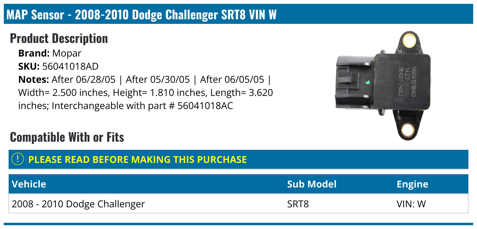 Map Sensor Challenger 2008-2010 Dodge Challenger MAP Sensor - Mopar 56041018AD - PartsGeek.com