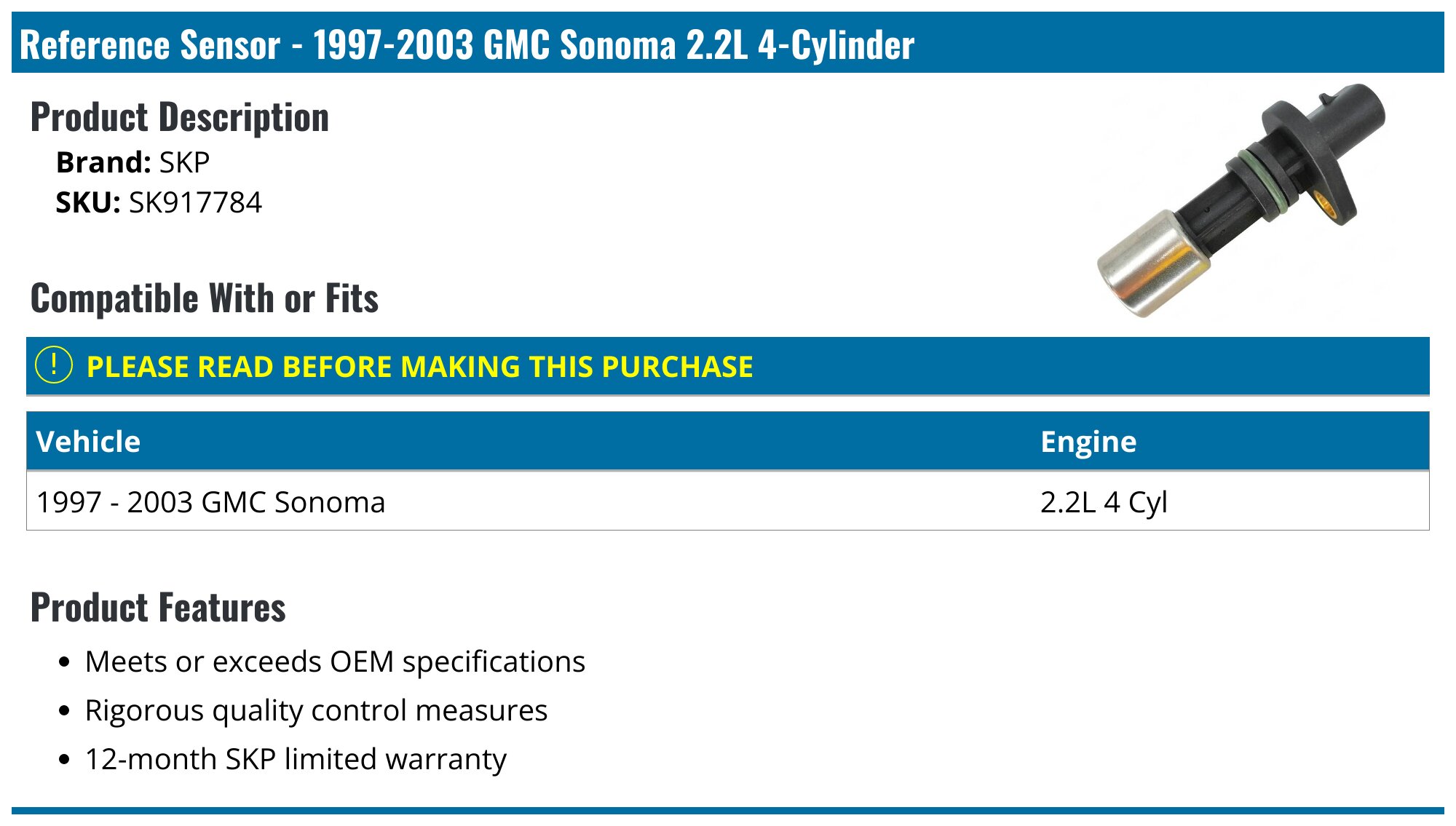 1997-2003 GMC Sonoma Crank Position Sensor - SKP SK917784 - PartsGeek.com