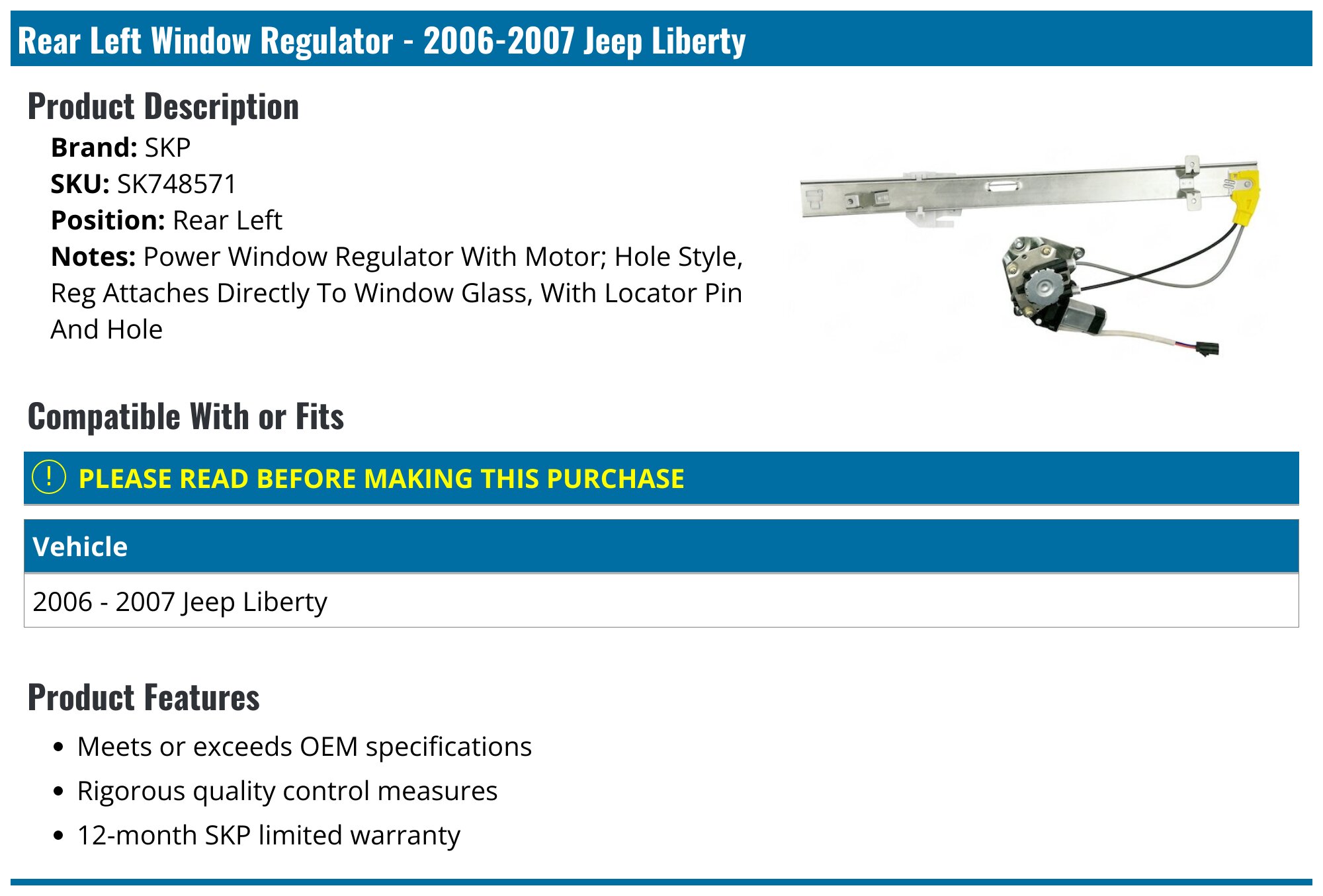 Power Window Regulator w/Motor Rear Right 748-568 For 02-2007