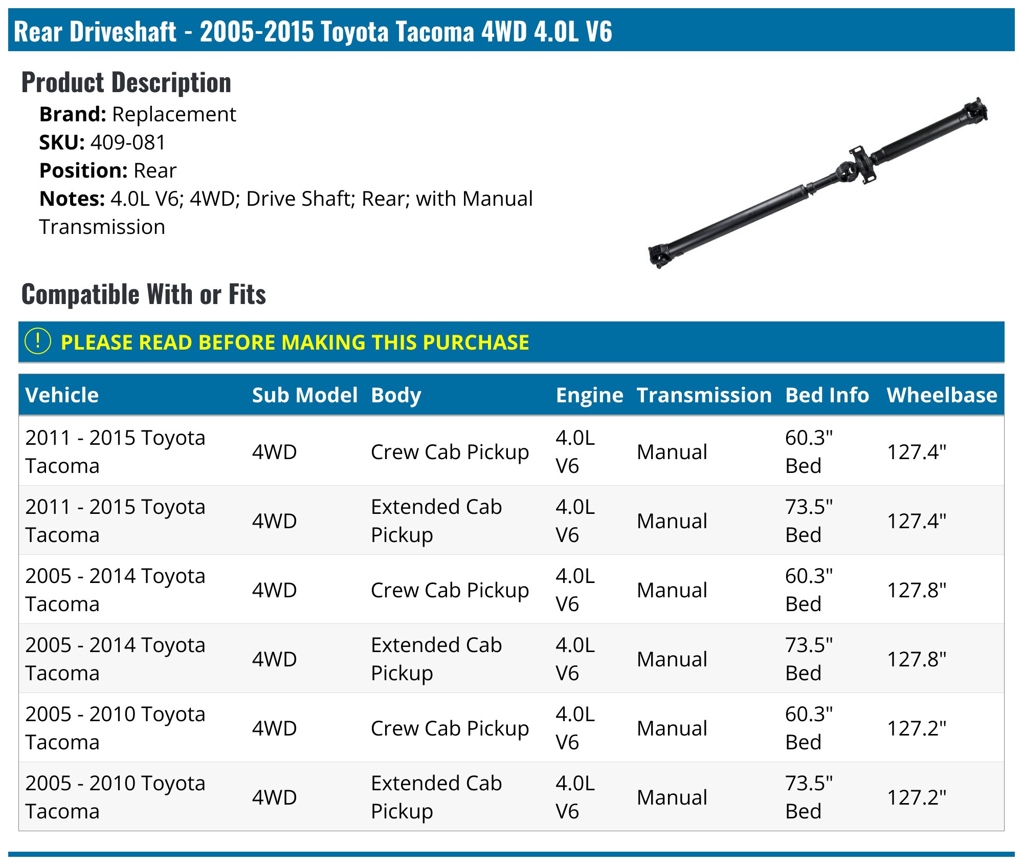 20052015 Toyota Drive Shaft Replacement 409081 Rear