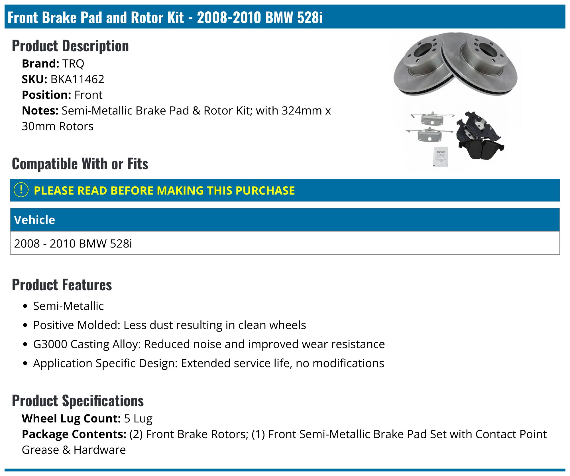 2008-2010 BMW 528i Brake Rotor - TRQ BKA11462 - Front - PartsGeek.com