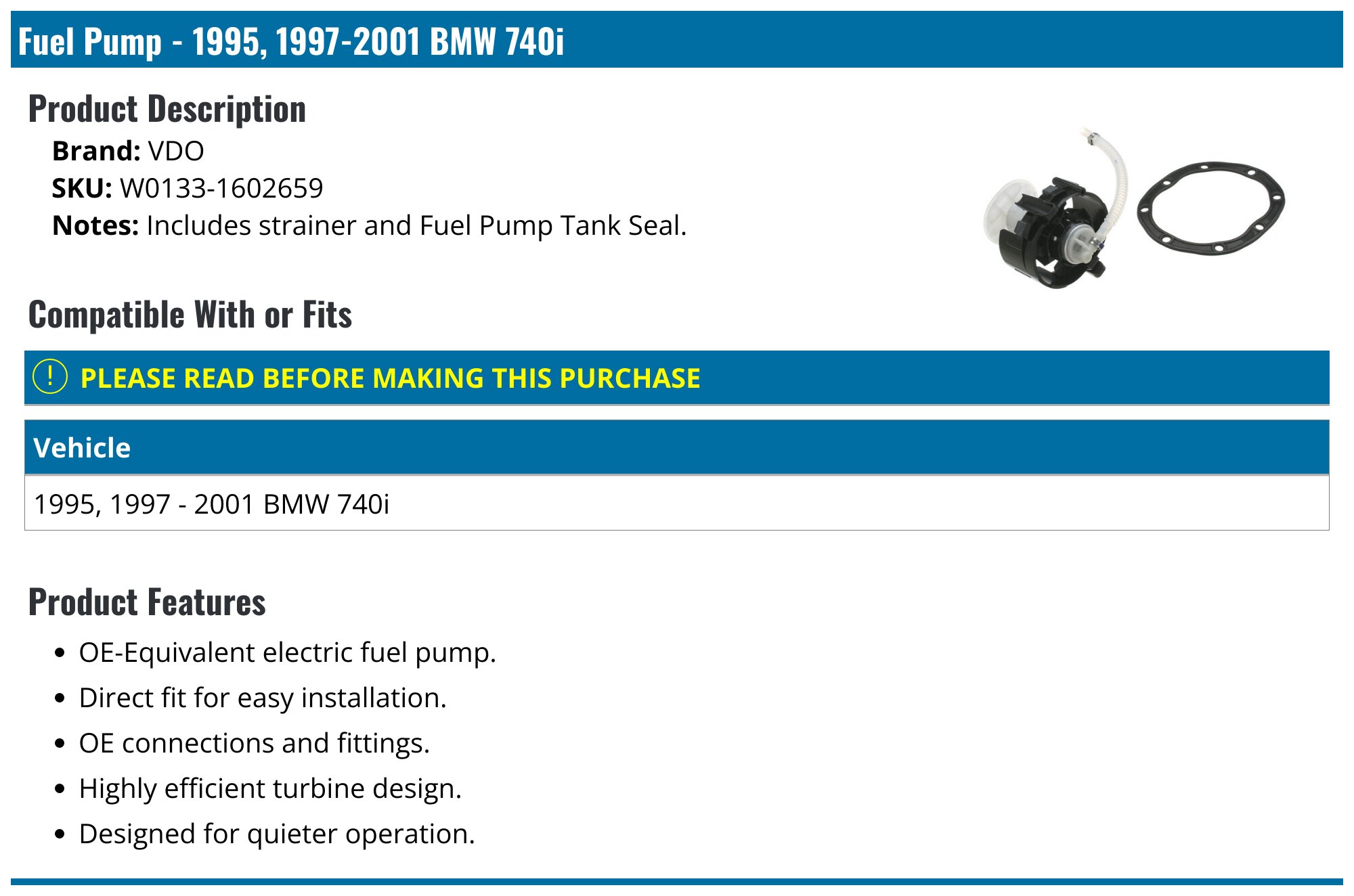 1995, 1997-2001 BMW 740i Fuel Pump - VDO W0133-1602659 - PartsGeek.com