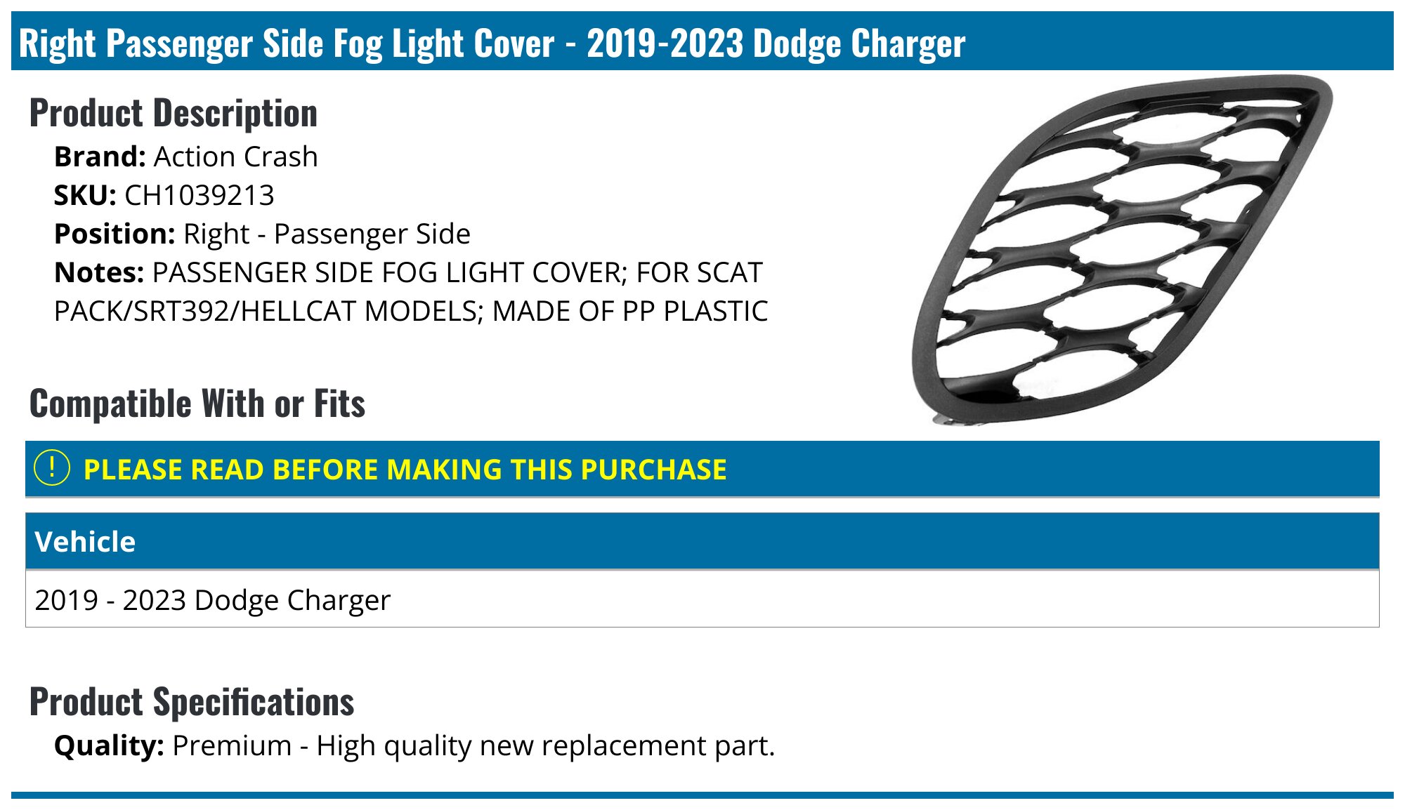 2019-2023 Dodge Charger Fog Light Cover - Action Crash CH1039213 - Right -  Passenger Side - PartsGeek.com