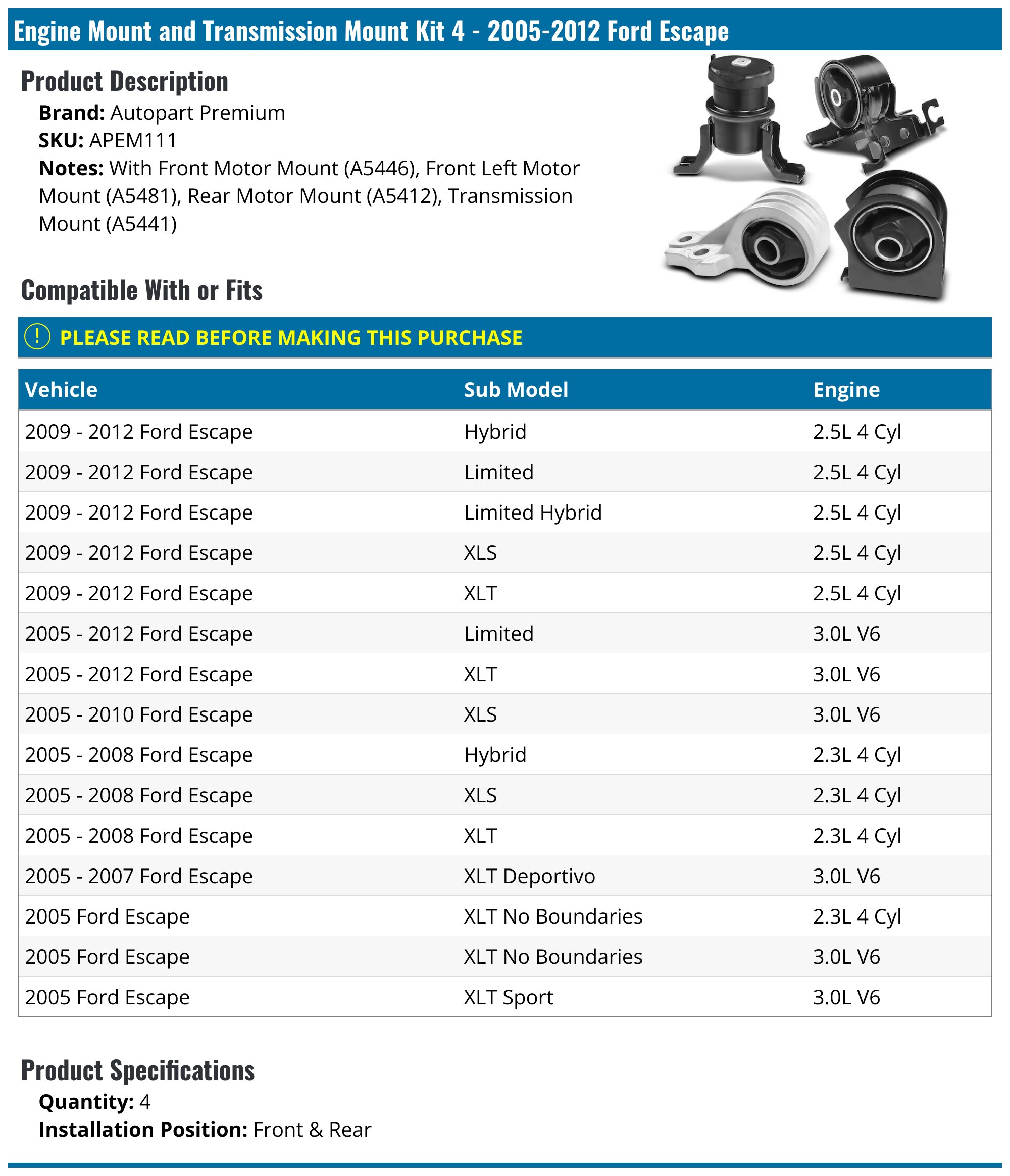 2005-2012 Ford Escape Engine Mount - Autopart Premium APEM111 - Front ...
