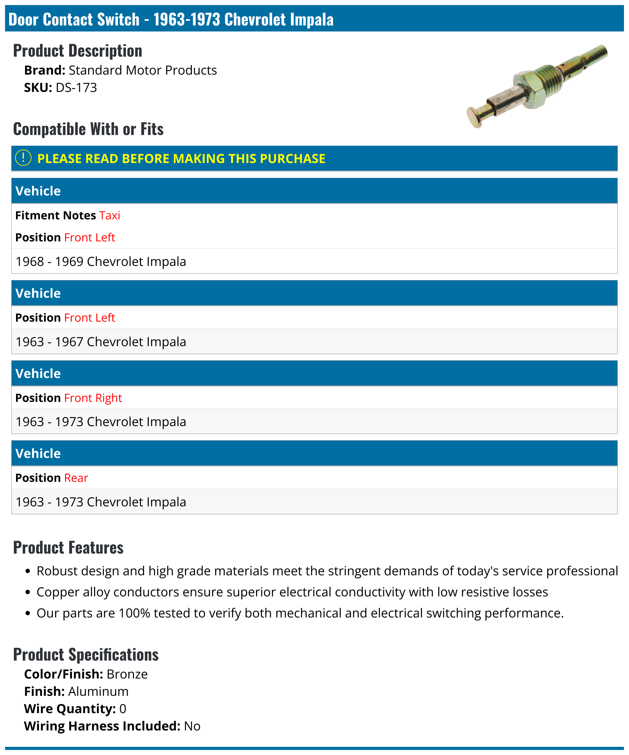 19631973 Chevrolet Impala Door Contact Switch Standard Motor
