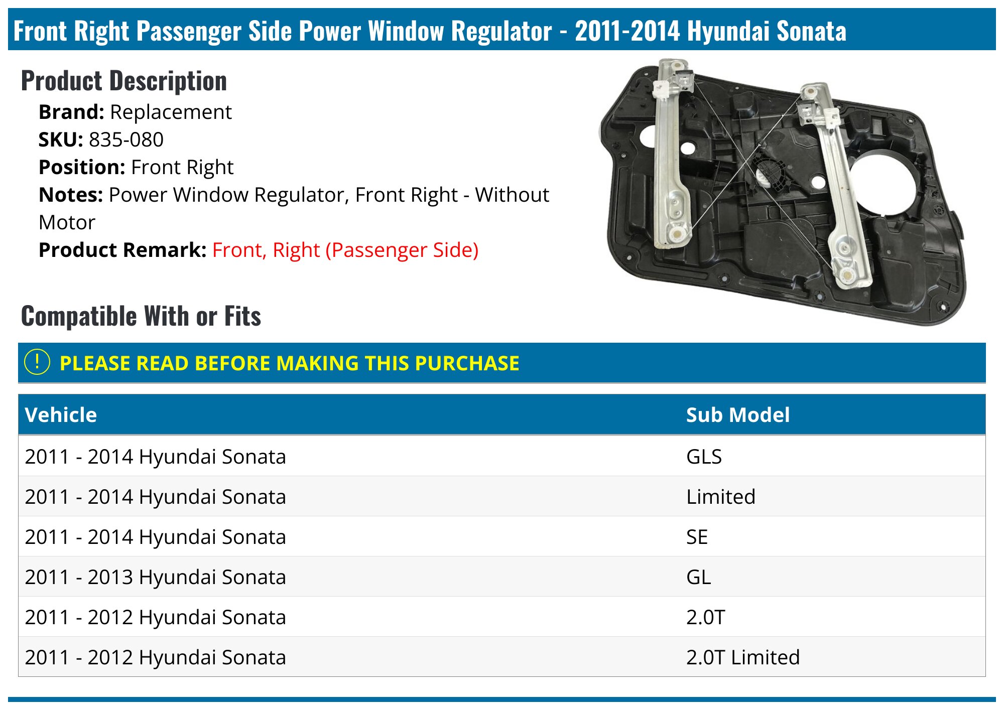 Front Right Power Window Regulator For 2011-2014 Hyundai Sonata - Without Motor, Stainless Steel