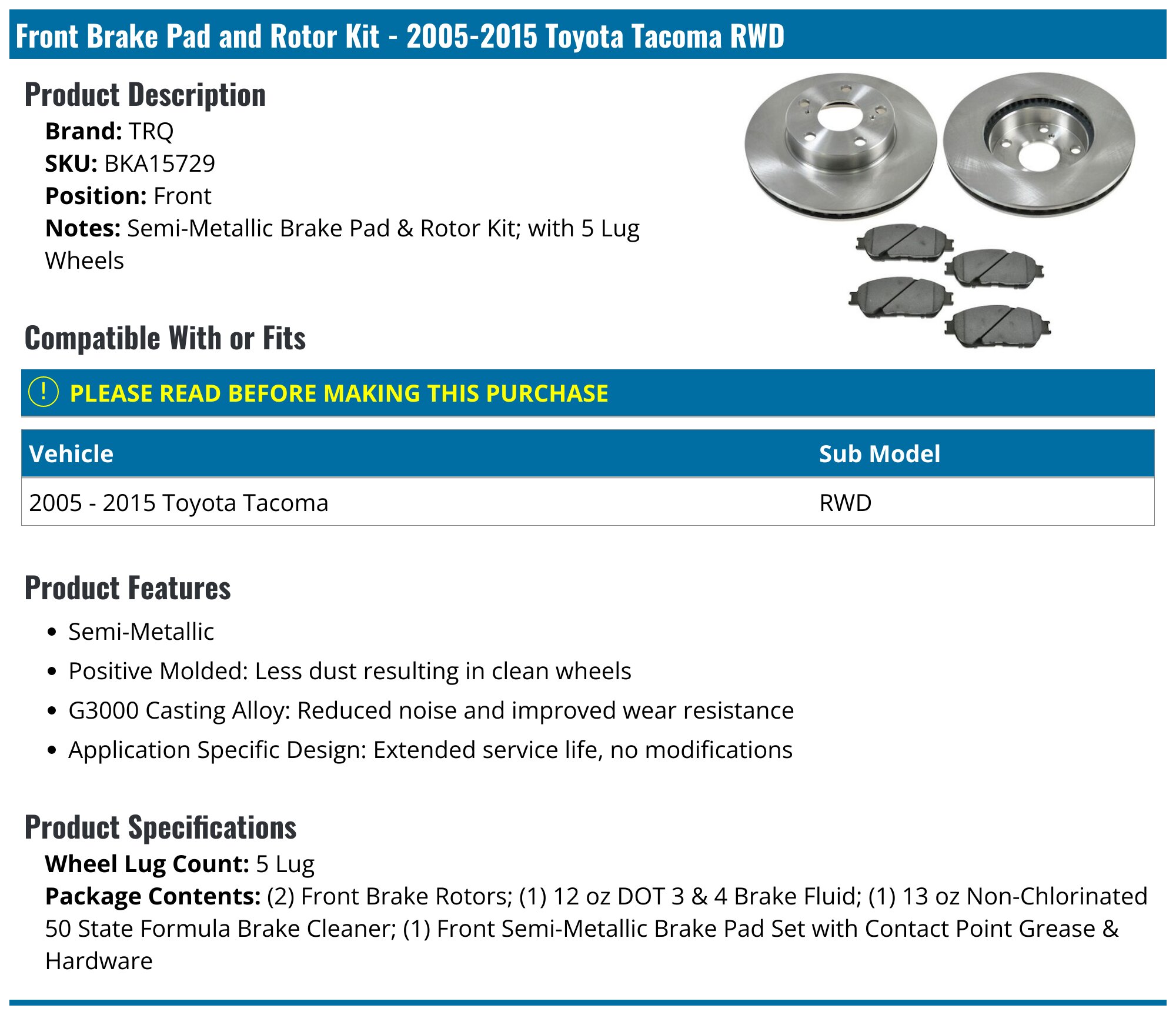 DuraGo - Front Semi Metallic Brake Pads And Rotor Kit - 2005 - 2020 Toyota Tacom