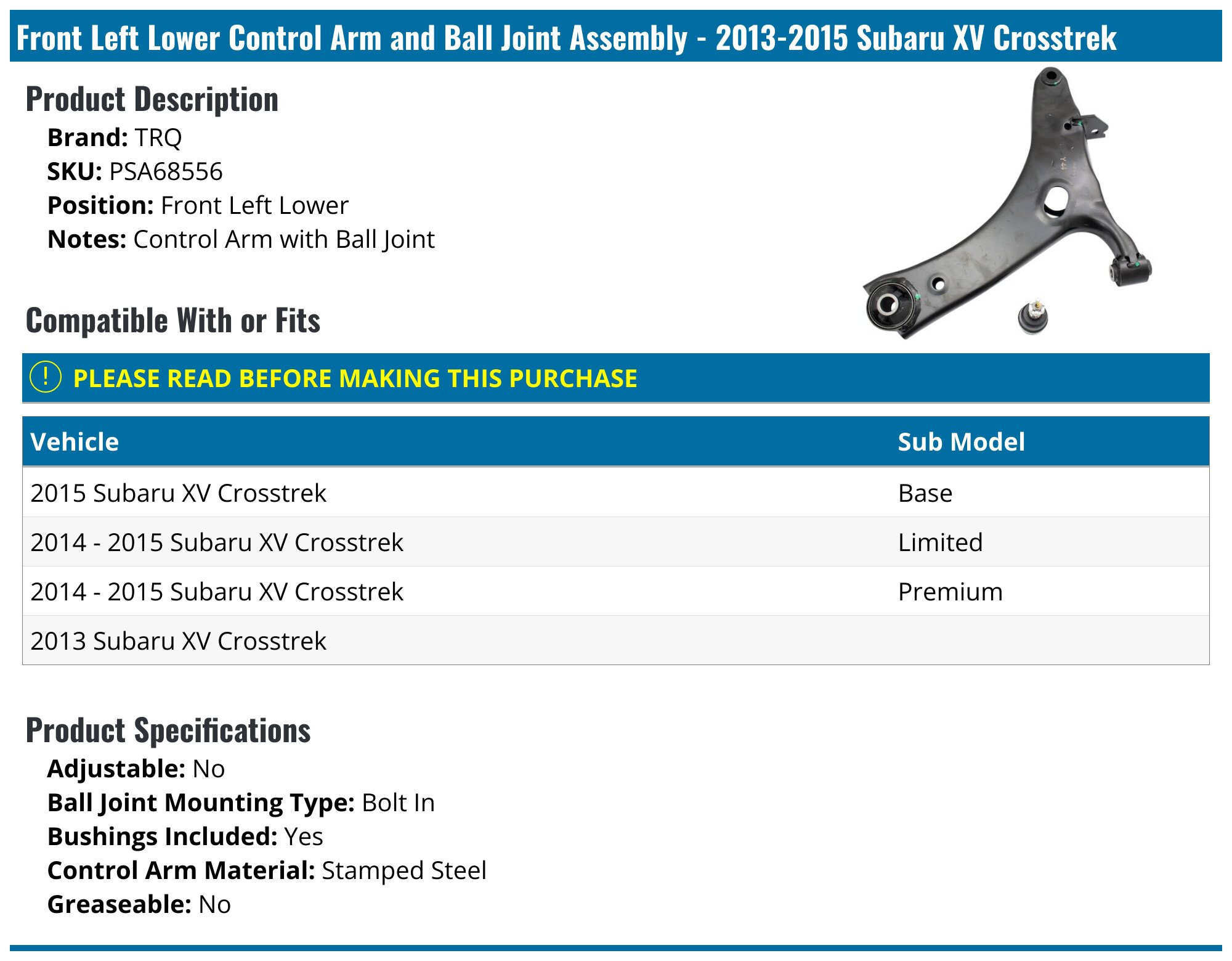 thumbnail image 2 of Evan-Fischer Front Lower Control Arm Set – 2013-2015 Subaru XV / 2016-2017 Crosstrek – LH+RH 2 of 2