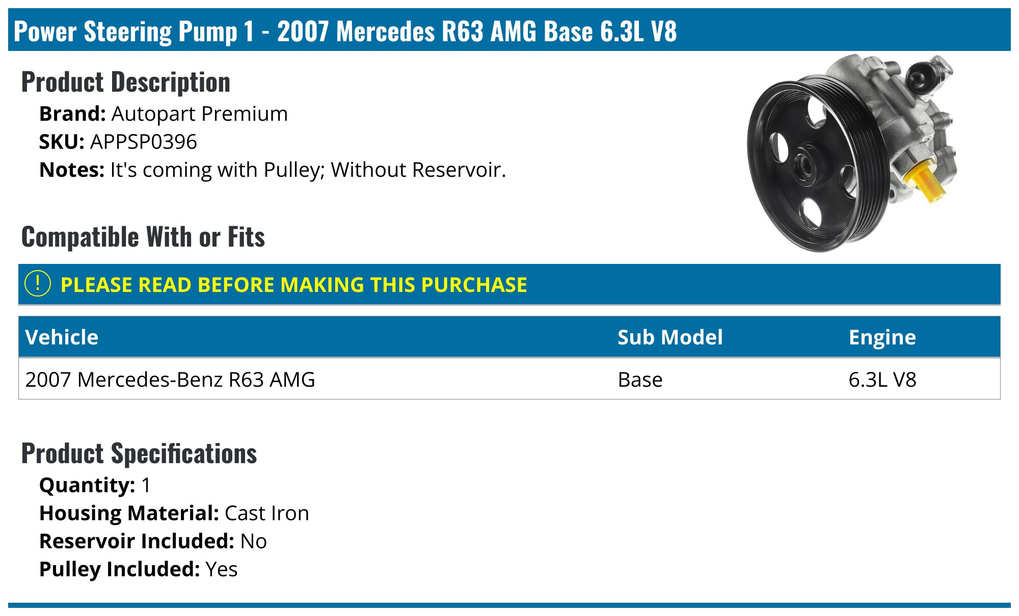 Power R63 2007 Mercedes R63 AMG Power Steering Pump - Autopart Premium APPSP0396 ...