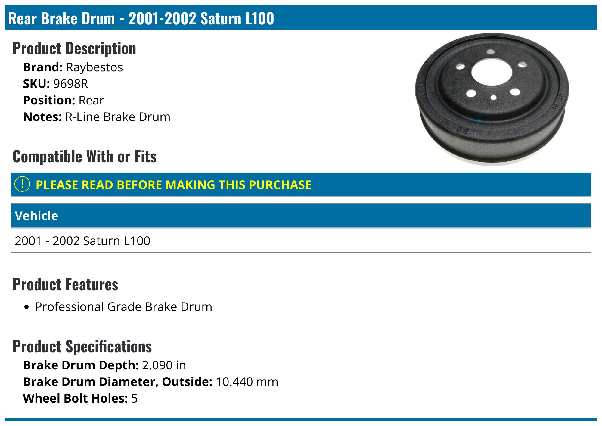 Bendix PDR0738 | Rear Brake Drum (Vehicle Custom Fit