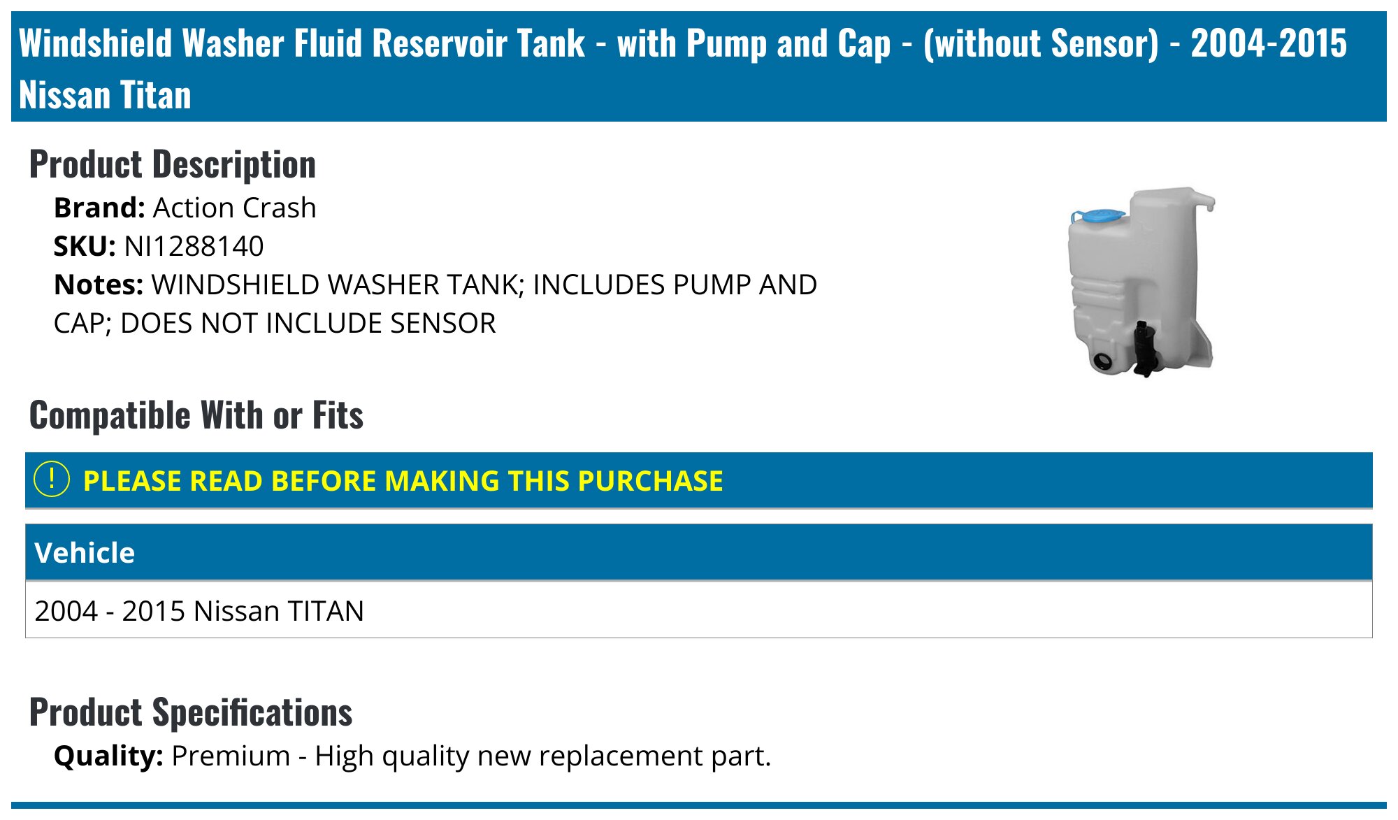 04 - 2015 Nissan TITAN Windshield Washer Bottle Tank Reservoir 28910-7s000 OEM for sale online