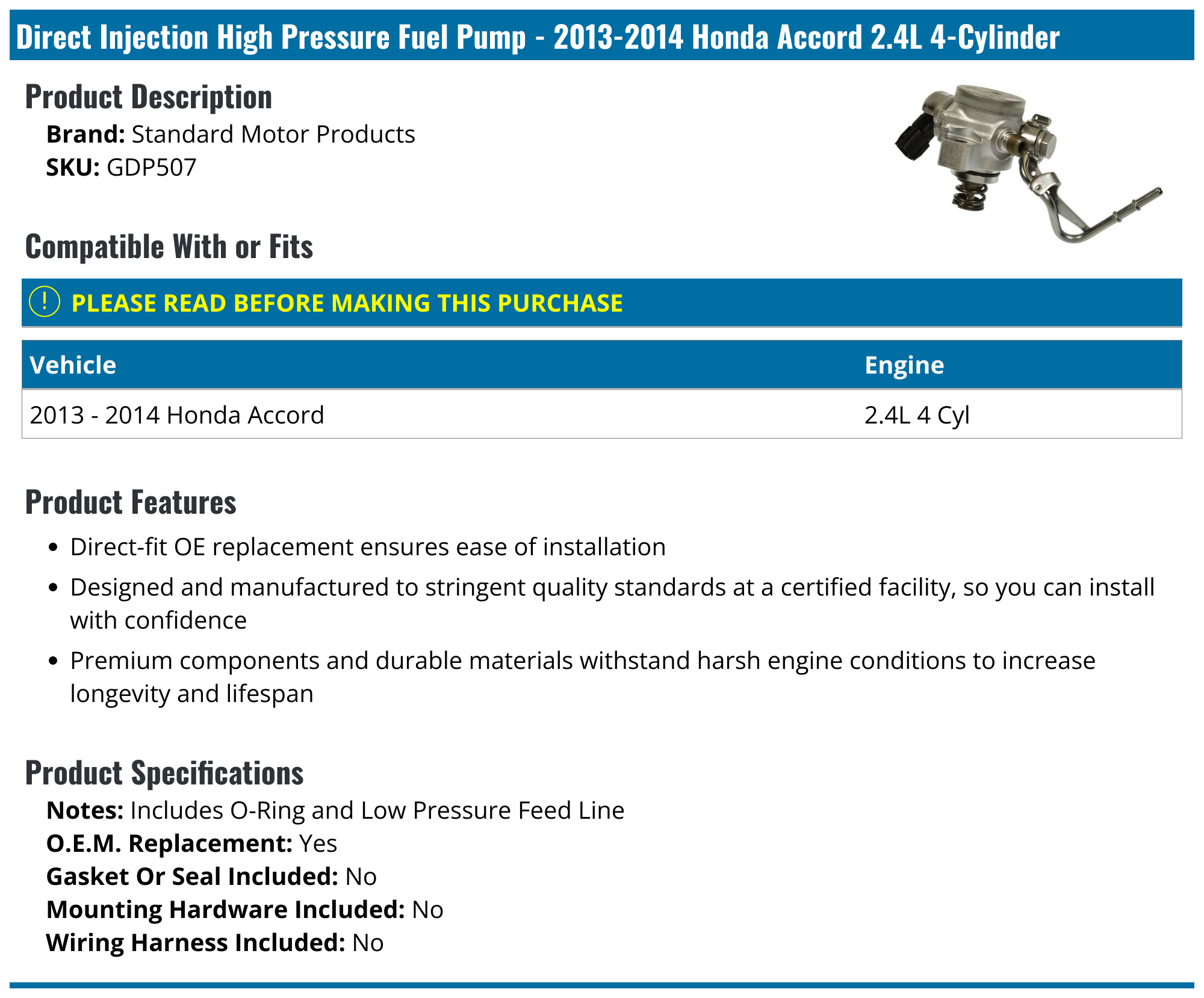 20132014 Honda Accord Fuel Pump Standard Motor Products GDP507