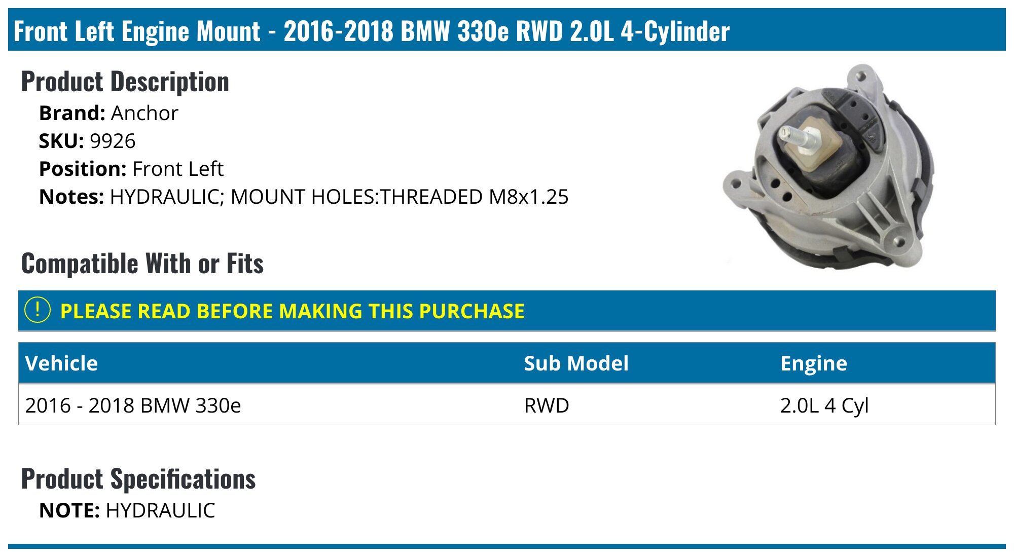 2016-2018 BMW 330e Engine Mount - Anchor 9926 - Front Left - PartsGeek.com