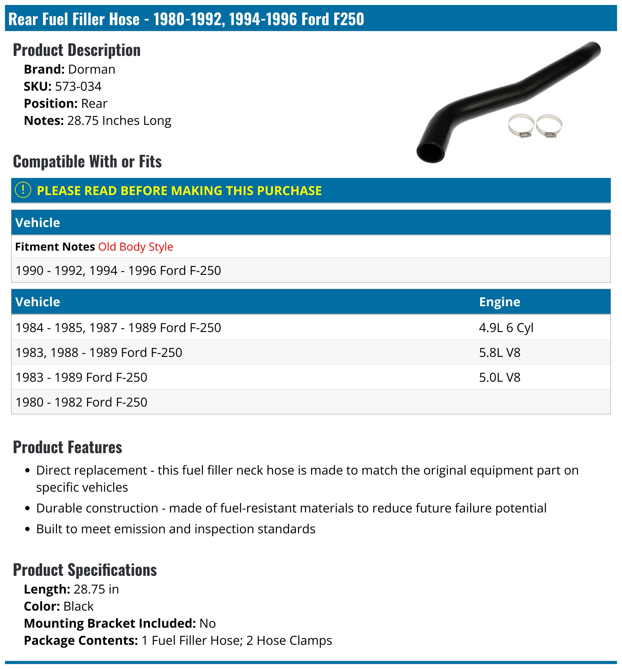 19801992, 19941996 Ford F250 Fuel Filler Hose Dorman 573034 Rear