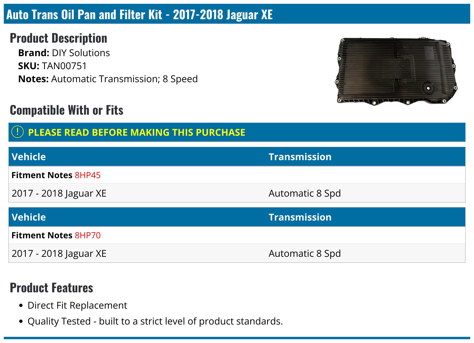 2017-2018 Jaguar XE Automatic Transmission Filter - DIY Solutions ...