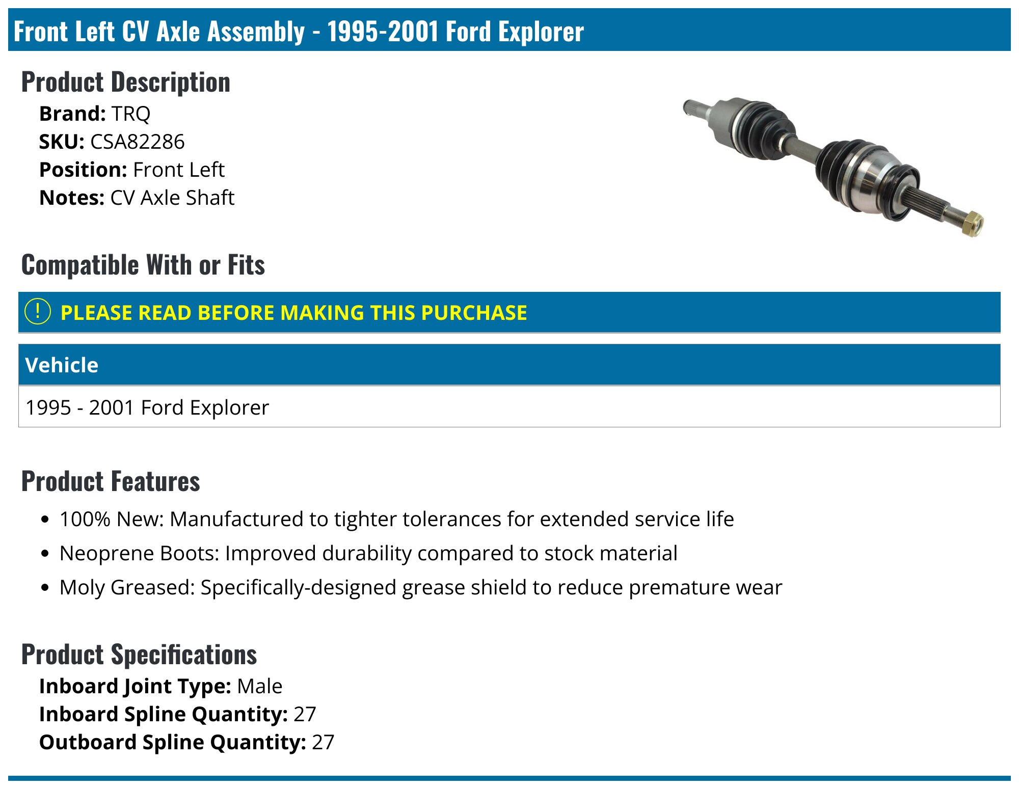 1995-2001 Ford Explorer Axle Assembly - TRQ CSA82286 - Front Left ...