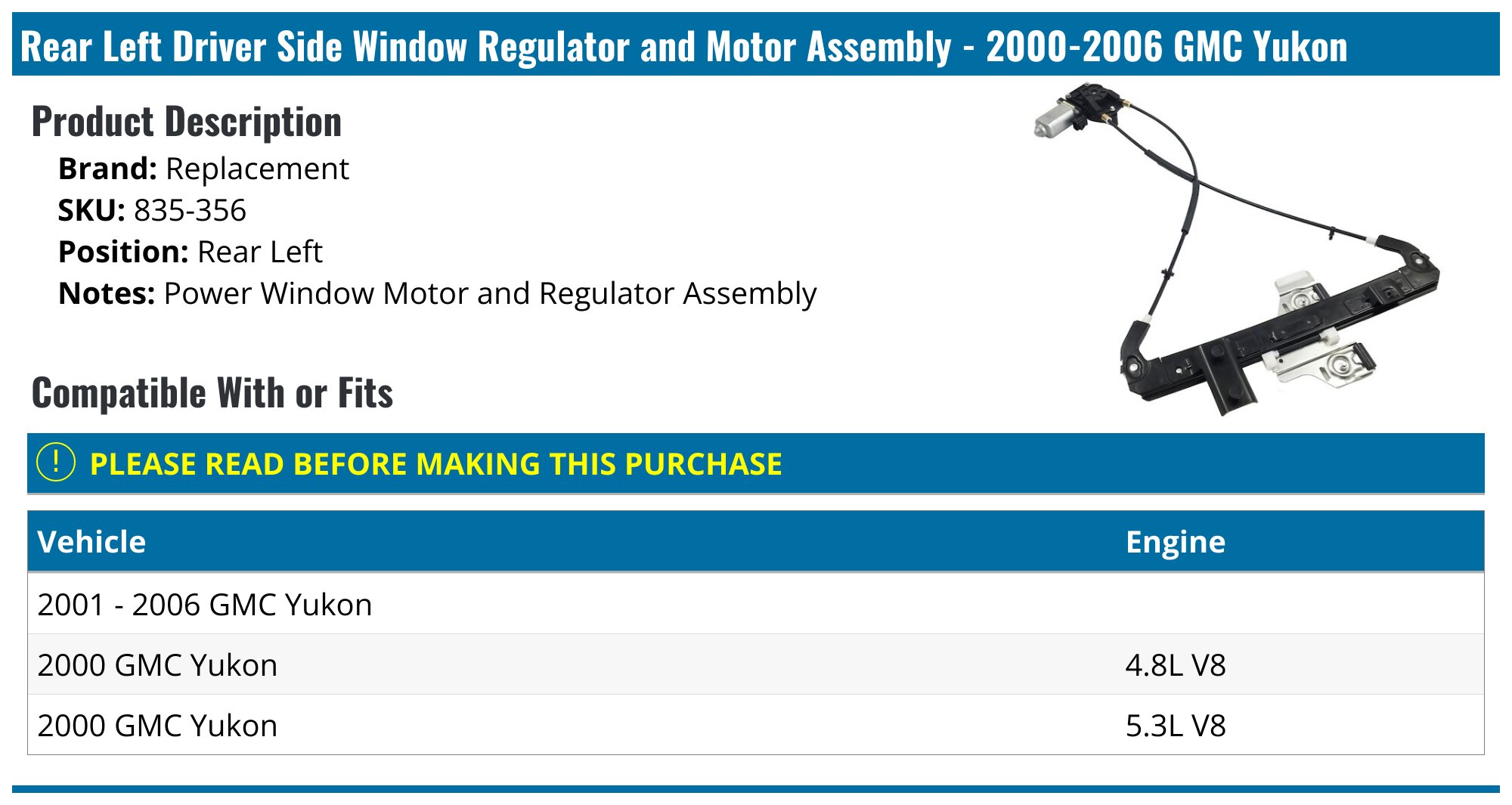 Rear Right Electric Window Regulator With Motor – For 2001-2006 Chevy Tahoe & GMC Yukon