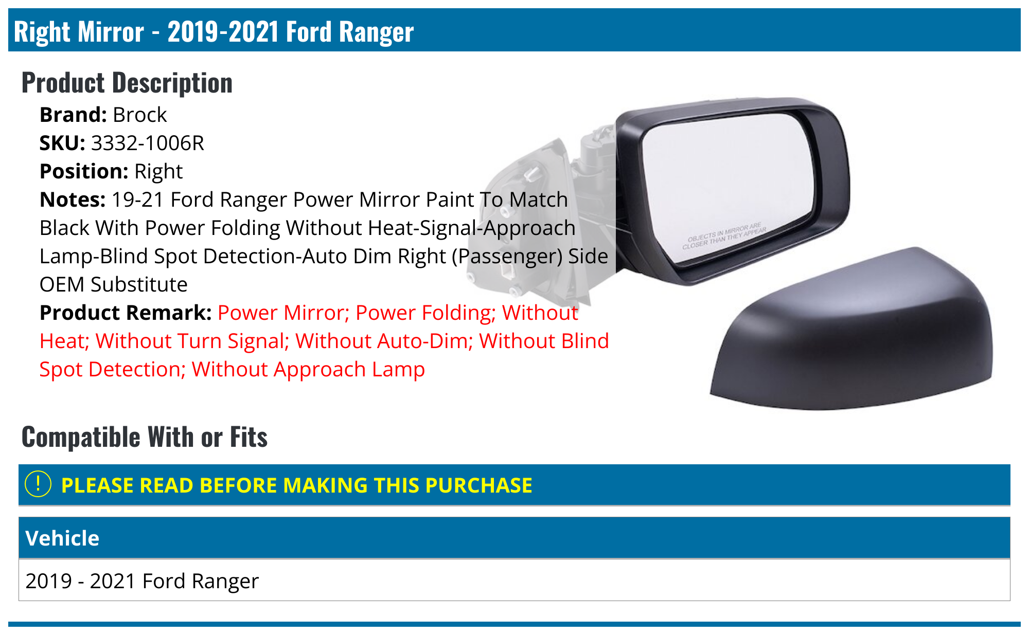 20192021 Ford Ranger Mirror Brock 33321006R Right