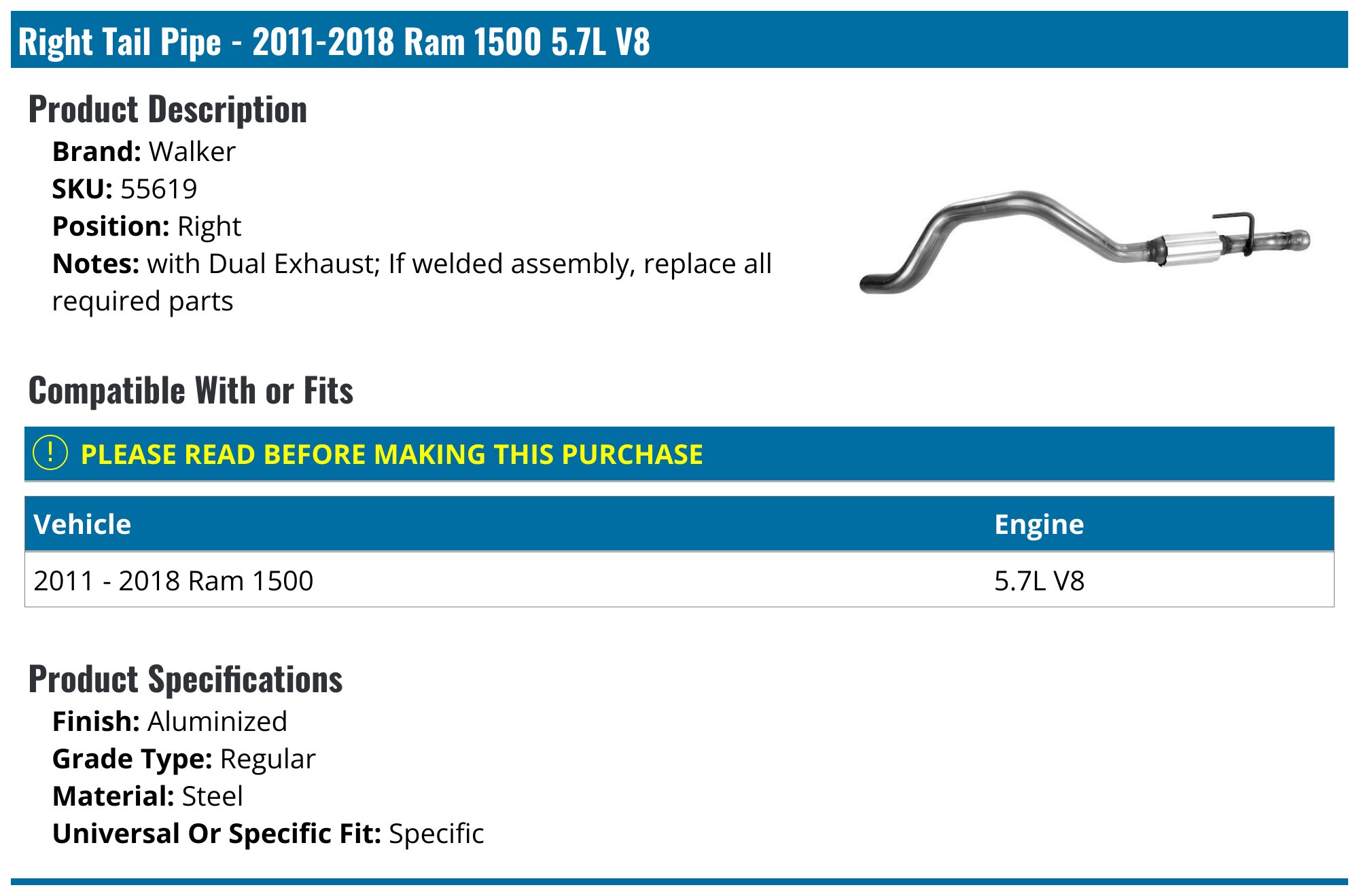 Dual Tail Pipes With Resonators For 2009-2018 Ram 1500 5.7L – Left & Right OE Style