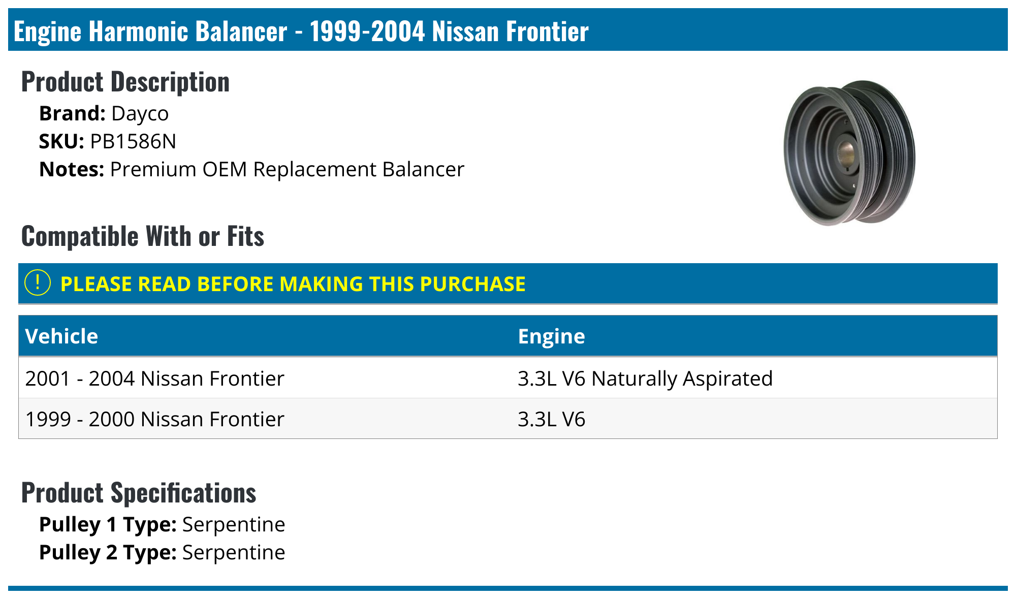 19992004 Nissan Frontier Engine Harmonic Balancer Dayco PB1586N
