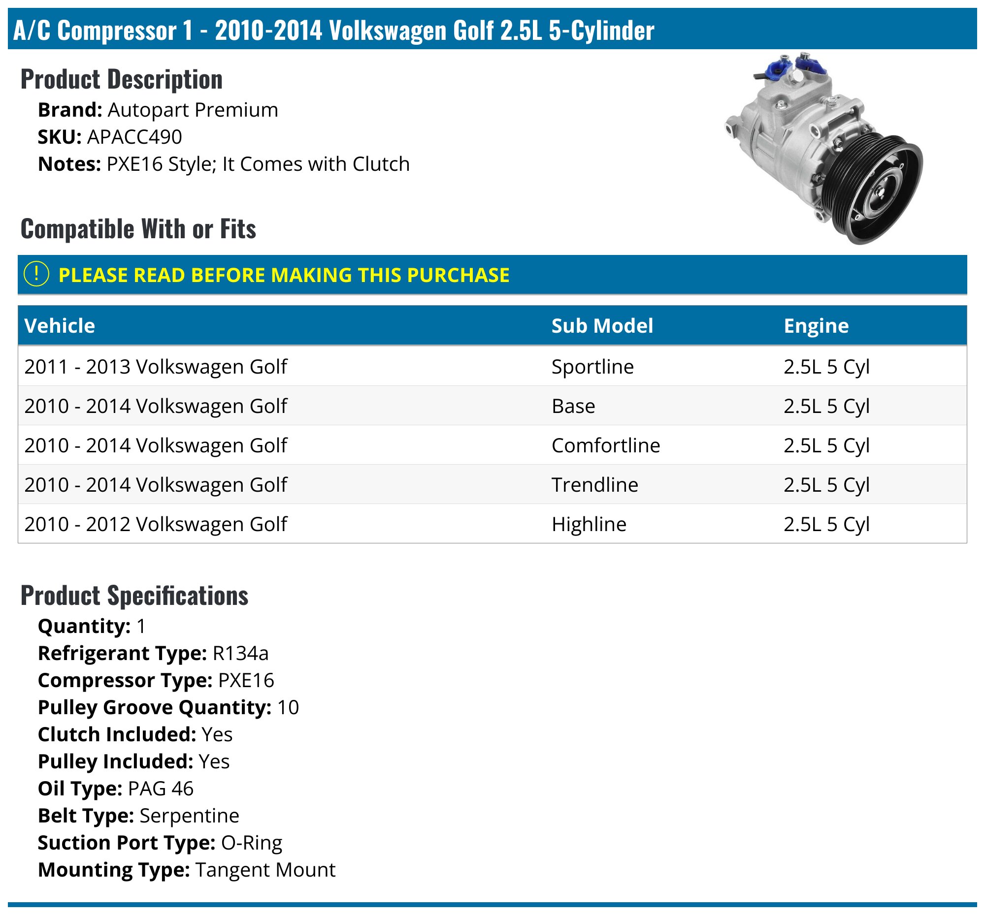 2010-2014 Volkswagen Golf A/C Compressor - Autopart Premium APACC490 ...
