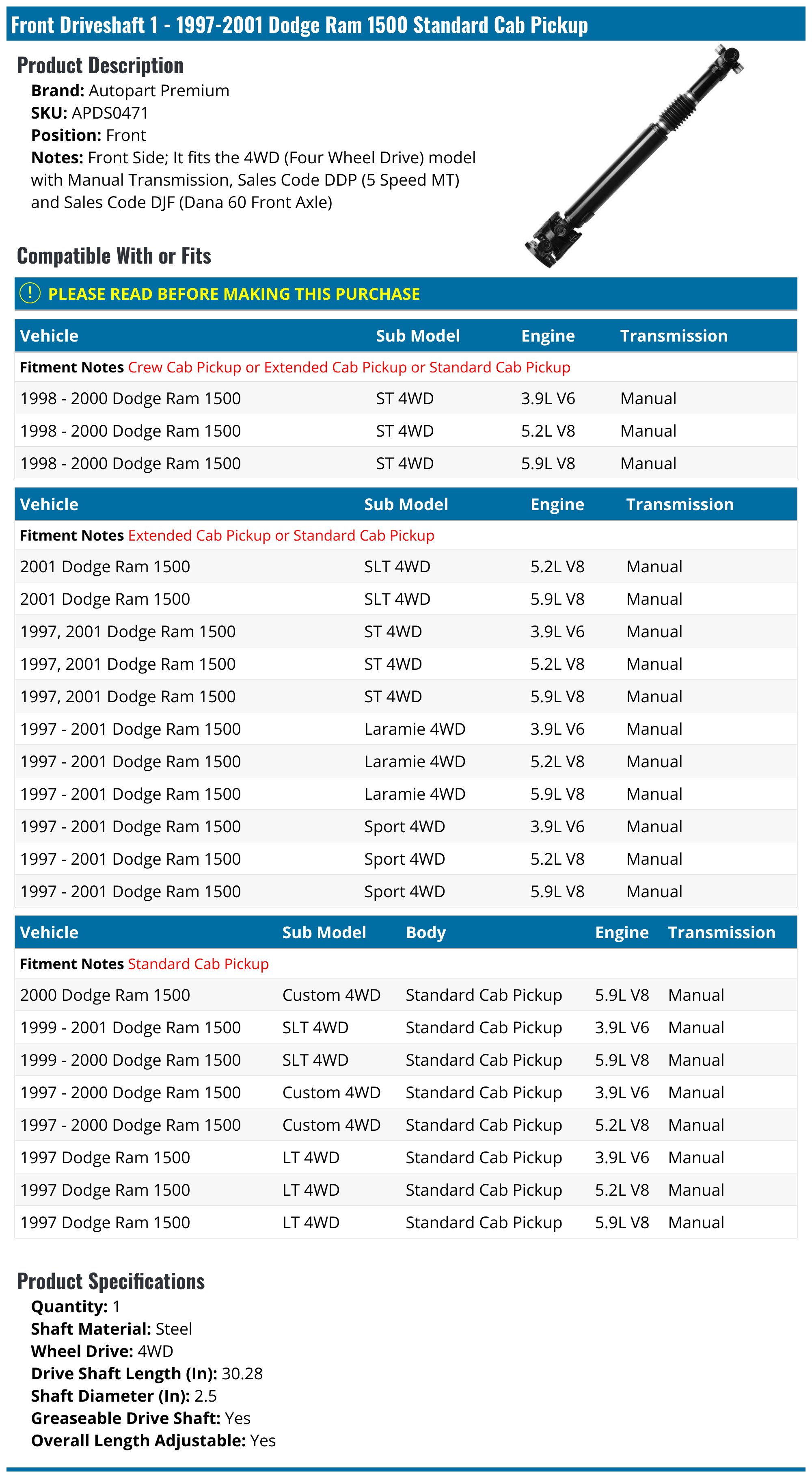 19972001 Dodge Ram 1500 Drive Shaft Autopart Premium APDS0471