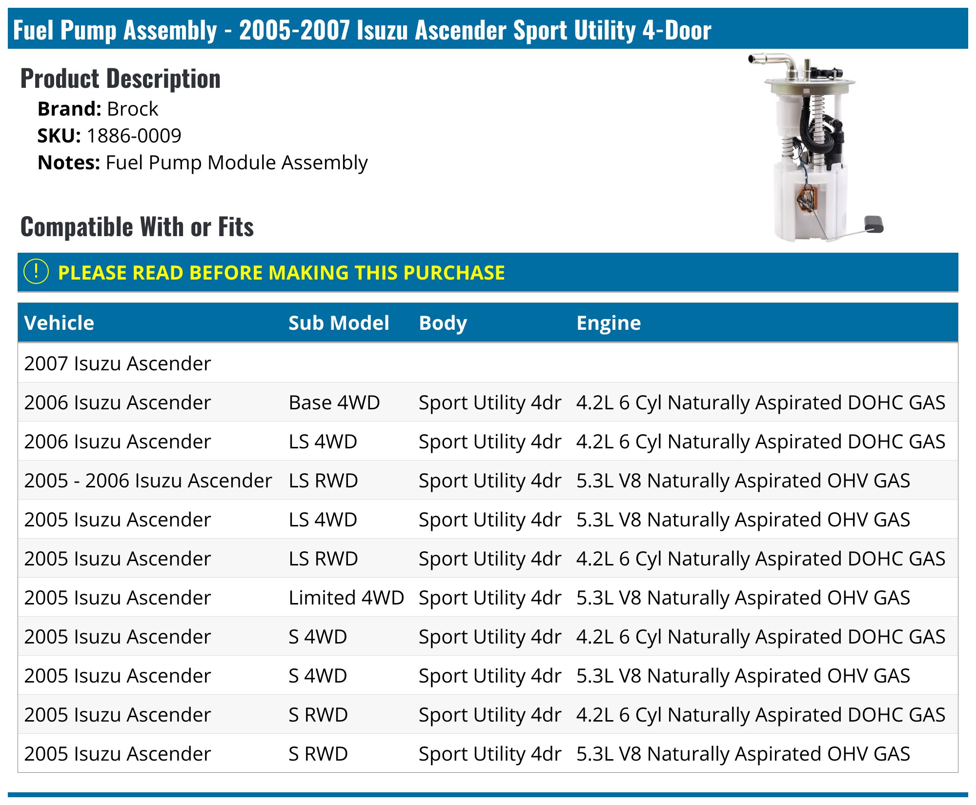 Fuel Pump Assembly For 2005-2007 Trailblazer Envoy Ascender Rainier – E3707M With Pressure Sensor